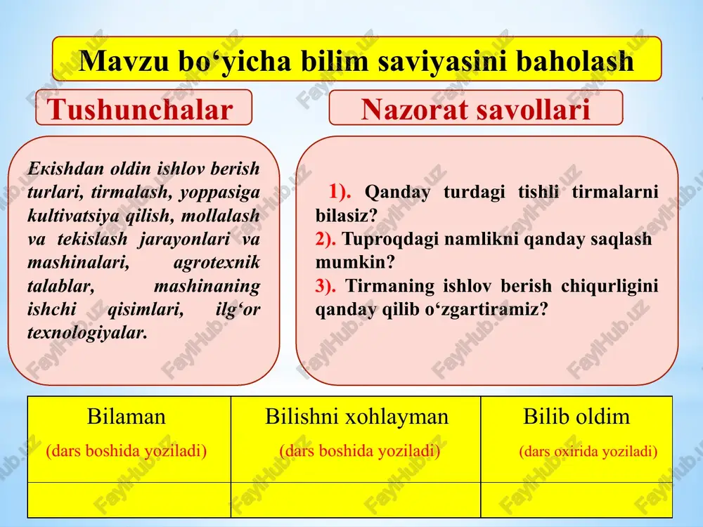 ariga ishlov berishga mo‘ljallangan. tirma rostlovchi tortqi, tishlar o‘rnatiladigan plankalardan tashkil topgan. rostlovchi tortqi yordamida tirma qamrov kengligini o‘zgartirish mumkin bo‘lib, asosan bog‘ oralarida ishlatishga ancha qulay. promar firmasining z16 o‘rta tirma polshaning promar firmasi tomonidan z16 o‘rta tirma ishlab chiqilgan. tuproqning yuza qismini yumshatish va tekislash, kesaklarni maydalash va begona o‘tlarni yo‘qotishda foydalaniladi. maxsus tayyorlangan tirkama vositasiga zvenolar zanjirlar yordamida mahkamlangan. zvenolarga tishlar zig-zag ko‘rinishida o‘rnatilgan. bu tirmaning o‘ziga xos xususiyati shundagi, ish unumini oshirish uchun uning qamrov kengligini istalgancha o‘zgartirish mumkin. zvenolarga tishlar qattiq mahkamlanganligi sababli ular dala relefiga moslasha olmaydi. tarver sales corporation firmasining 3-b05 tirmasi aqshning tarver sales corporation firmasining 3-b05 tirmasidan toshli va chimli tuproqlarda hamda ildizpoyali begona o‘tlar ko‘p bo‘lgan yerlarda foydalaniladi. bu bu turdagi tirma traktorga osish qurilmasi bilan jihozlangan rama, prujinasimon maxsus po‘latdan yasalgan uzun egilgan tishlarda iborat. prujinasimon tishlarni ko‘proq tebranishi natijasida ularga boshqa turdagi tirmalarga nisbatan kamroq begona o‘tlar va …