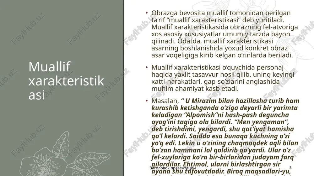 shavq bilan qaraydigan yusufning asar boshlanishida oppoq qor to’shalgan ko’chaga oshiqishi va unda iz qoldirish istagi bilan boshlanadi. asarda tasvirlangan oppoq qor ramziy ma’noda g’uborlanmagan, oppoq ko’ngilning timsoli bo’lib, keng ma’noda eski tuzumning qora illatlaridan kirlanmagan, yosh avlodning sof qalbidagi orzular sifatida talqin qilinadi. yusufning oppoq qor bilan qoplangan yo’llarda iz qoldirib, so’qmoq yo’l ochgan bola kelajakda yangi yo’llar, yangi izlanishlar qilishga qodir yosh avlodning obrazi sifatida tasvcirlanadi. nazvanie prezentatsii 10 adabiy asarda xarakter ruhiyatini ochish, umuman, inson obrazini yaratishning eng muhim vositalaridan yana biri personaj nutqidir. mohir yozuvchi personaj ruhiyatini individuallashtirish orqali uning shaxsiyati, dunyoqarashi, muayyan hayotiy holatdagi ruhiyati haqida o’quvchiga ko’p narsalarni yetkiza oladi. dialoglarda personajning nutqi muallifning qisqa ,lo’nda sharhi bilan ta’minlanadi. dialogda muallif remarkasi tarzida beriluvchi yuz-ko’z ifodasi,mimikasi,undagi fiziologik o’zgarishlar haqidagi ma’lumotlar juda katta ahamiyat kasb etadi. ular personaj nutqini eshitish va uning xatti-harakatlarini ko’rib turish imkonini – sahnaviylik effektini yaratadi., bu esa inson obrazini to’laqonli, …