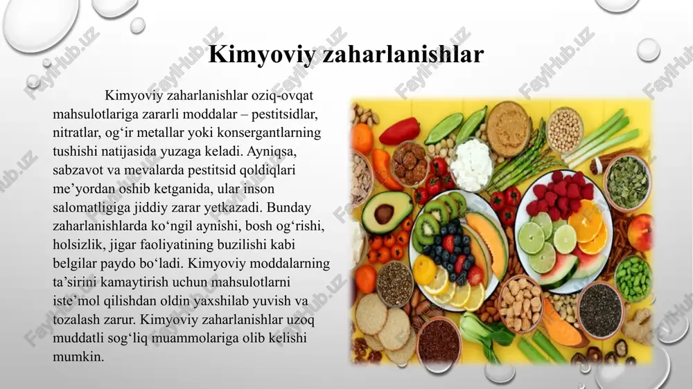 va pishirish sanitariya xavfsizligini ta’minlaydi. xulosa ovqatdan zaharlanishlar inson salomatligiga jiddiy zarar yetkazuvchi kasalliklar sirasiga kiradi. ular ko‘pincha gigiyena qoidalariga amal qilinmaganda, mahsulotlar noto‘g‘ri saqlanganda yoki pishirish jarayonida texnologik talablarga rioya etilmaganda yuzaga keladi. o‘z vaqtida chora ko‘rilmagan zaharlanish holatlari suvsizlanish, ichki a’zolarning faoliyat buzilishi va hatto og‘ir asoratlarga olib kelishi mumkin. shuning uchun ovqatlanish madaniyatini oshirish, sanitariya gigiyenik talablariga amal qilish, oziq-ovqat mahsulotlarini to‘g‘ri tanlash va saqlash – sog‘lom turmush tarzining ajralmas qismi hisoblanadi. aholi o‘rtasida gigiyenik madaniyatni rivojlantirish, profilaktika tadbirlarini kuchaytirish va tibbiy ma’rifat ishlarini yo‘lga qo‘yish orqali zaharlanishlarning oldini olish mumkin. har bir inson oziq-ovqat xavfsizligiga jiddiy qarasa, sog‘lom jamiyat barpo etish yo‘lida muhim natijalarga erishiladi. e’tiboringiz uchun raxmat! image3.png image4.png image5.png image6.png image7.png image8.png image9.png image10.png image11.png image12.png image13.png image14.png image15.png image16.png image1.png