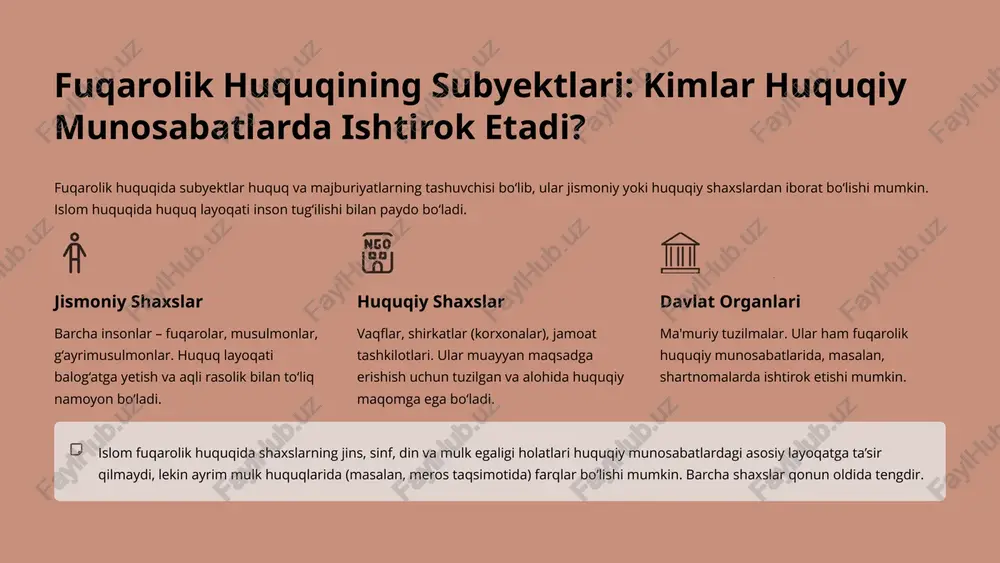 oslashish imkoniyati mavjud bo‘lib, bu tizimning davomiyligini ta’minlaydi. fuqarolik huquqining subyekt va obyektlari jamiyat hayotining barcha jabhalarini, jumladan, mulk, shaxsiy va ijtimoiy huquqlarni qamrab oladi. chuqurroq o'rganishga chorlov islom fuqarolik huquqining prinsiplarini o‘rganish, uning zamonaviy huquqiy muammolarni hal qilishdagi potentsialini tushunish uchun muhimdir. sizni bu boy merosni chuqurroq tadqiq etishga chorlaymiz. 10 e’tiboringiz uchun rahmat!!! e’tiboringiz uchun rahmat! image1.png image2.png image3.png image11.png image12.png image13.png image4.png image5.png image6.png image7.png image8.png image9.png image10.png image14.png image15.png image16.png image17.png image18.png image19.png image20.png image21.png image22.png image23.png image24.png image25.png image26.png image27.png image28.png image29.png image30.png image31.png image32.png image33.png