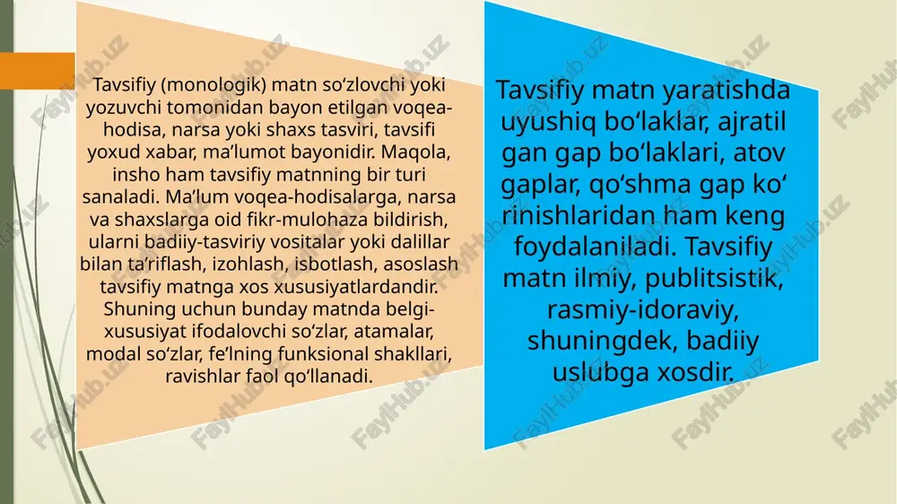 lishga munosib ekanligi yuzasidan ishonch bildiriladi. tavsiyanoma ba’zi xususiyatlariga ko’ra tavsifnomaga o‘xshaydi, shu sababli ularning ko‘pchiligi tavsifiy tavsiyanoma shaklida bo‘ladi. ular orasidagi asosiy farq, shundaki, tavsifnomalarda shaxsning barcha ijobiy, salbiy xususiyatlari qayd qilinadi. tavsiyanomalarda esa uning ijobiy xususiyatlari ko‘rsatilishi bilan birga, keyinchalik uning zimmasiga yuklatiladigan vazifani bajara olishiga ishonch bildiriladi va tavsiya etiladi. tavsifnoma quyidagi asosiy zaruriy qismlar asosida yoziladi: 1. tavsiflanayotgan shaxs haqida asosiy ma`lumotlar: ismi, ota ismi va familiyasi, tug‘ilgan yili, millati, partiyaviyligi, ma`lumoti, lavozimi, shuningdek, ilmiy darajasi va unvoni (agar ular mavjud bo‘lsa). 2. hujjat nomi (tavsifnoma). 3. matn. 4. tavsifnoma qayerga va qanday maqsad bilan berilayapti. 5. muassasa yoki xo‘jalik rahbari, jamoat tashkilotlari, ism-familiyalari va imzolari. 6. tavsifnoma berilgan sana. 7. muhr. tavsiyanoma quyidagi asosiy zaruriy qismlar asosida yoziladi: 1. hujjatning nomi (tavsiyanoma). 2. matn 3. tavsiyanoma beruvchi shaxsning lavozimi, ismi, otasining ismi, familyasi 4. imzo 5. sana image1.png /docprops/thumbnail.jpeg