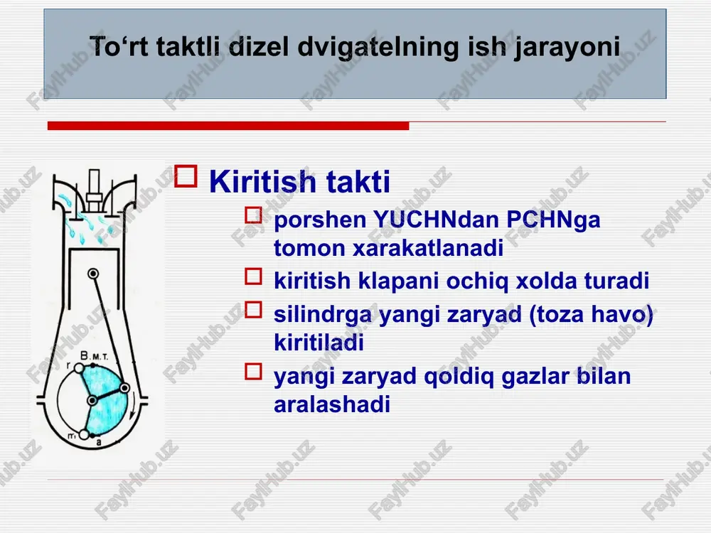 dlari bilan ifloslantiradi karbyuratorli (injektorli) dvigatel uchun t-jadval (namuna) afzalliklari kamchiliklari gabarit o‘lchamlari va massasi kichik tejamkorligi nisbatan past nisbatan engil yurgizib yuboriladi atrof muxitni is gazi bilan ifloslantiradi tirsakli val aylanishlar tezligi nisbatan yuqori tirsakli valdagi burovchi moment nisbatan past nisbatan arzon yoqilg‘i gazga oson moslashtirish mumkin keng tarqalgan texnik xizmat ko‘rsatish nisbatan oson + 99890 963 36 18 abduroxmonov.shavkatjon@bk.ru +99890 963 36 18 e'tiboringiz uchun rahmat abduroxmonov shavkatjon xasanovich phd. traktorlar va avtomobillar kafedrasi dosent v.b. 24 image1.png image2.png image3.png image4.png image5.png image6.png image7.png image8.png image9.jpeg image10.png image11.png /docprops/thumbnail.jpeg