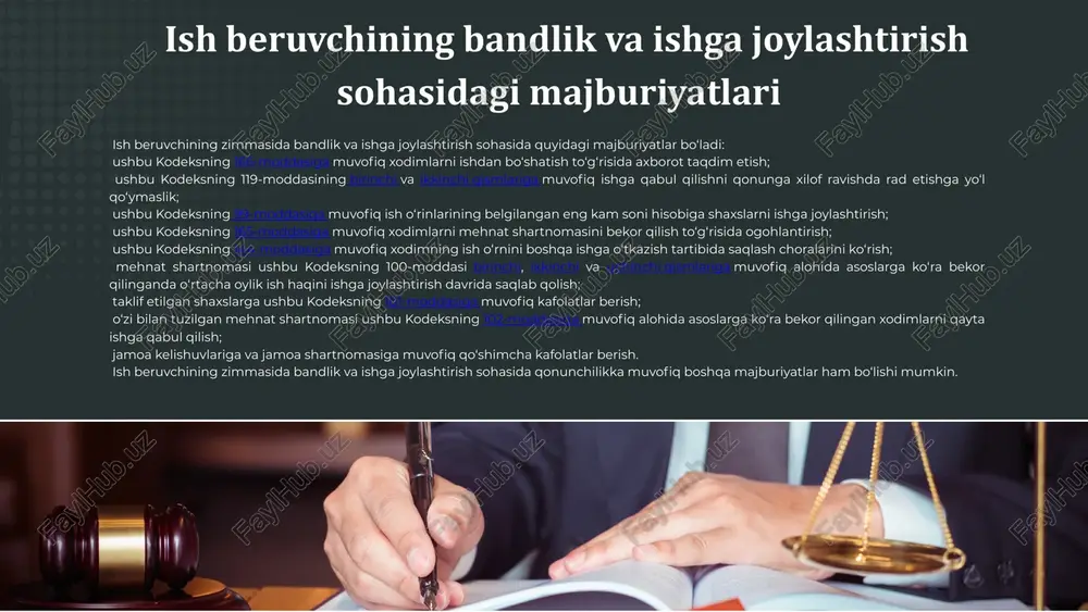 qilgan xodimlarni qayta ishga qabul qilish tartibi davlat organlaridagi yoki xodimlarning vakillik organlaridagi saylab qo‘yiladigan lavozimlarga saylanganligi tufayli ishdan ozod qilingan shaxslarga ularning saylab qo‘yiladigan lavozimdagi vakolatlari tugagandan keyin avvalgi ishi (lavozimi) beriladi, bunday ish (lavozim) mavjud bo‘lmaganda esa boshqa teng ish (lavozim) beriladi. o‘zbekiston respublikasi oliy majlisining qonunchilik palatasi deputatlarini va senatida doimiy asosda ishlagan senat a’zolarini vakolatlari muddati tugaganidan keyin, shuningdek o‘zbekiston respublikasi oliy majlisining qonunchilik palatasi va senati tarqatib yuborilgan taqdirda ishga joylashtirish “o‘zbekiston respublikasi oliy majlisi qonunchilik palatasi deputatining va senati a’zosining maqomi to‘g‘risida”gi o‘zbekiston respublikasi qonunining 16-moddasida belgilangan tartibda amalga oshiriladi. harbiy xizmatga chaqirilgan (kirgan) xodim zaxiraga bo‘shatilganidan yoki iste’foga chiqarilganidan keyin, agar u ishga joylashish masalasi bo‘yicha ish beruvchiga o‘zbekiston respublikasi qurolli kuchlari safidan, o‘zbekiston respublikasi ichki ishlar vazirligi, davlat xavfsizlik xizmati, milliy gvardiyasi va favqulodda vaziyatlar vazirligi qo‘shinlaridan bo‘shatilgan kundan e’tiboran uch oydan kechiktirmay murojaat qilgan bo‘lsa, avvalgi ish joyida ishga joylashishda ustuvor …