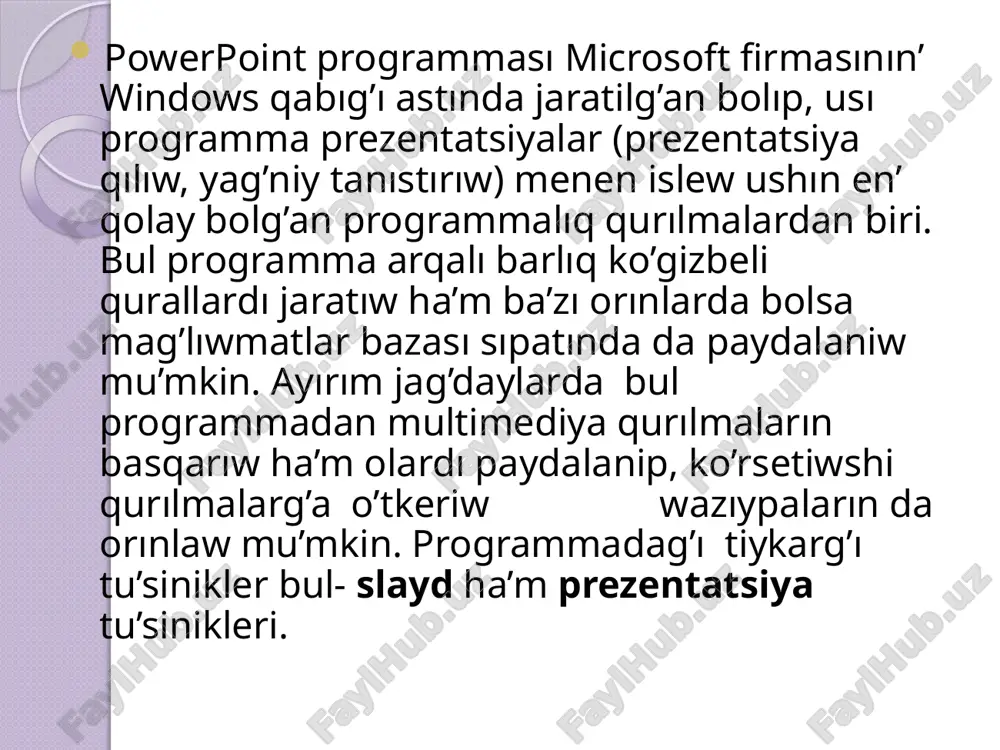 da fayl vkladkasın ashın’ ha’m sozdat buyrıg’ın basın’. novaya prezentatsiya bo’limin tan’lap, son’ sozdat buyrıg’ın basın’ prezentatsiyalardı saqlaw. jaratilg’an prezentatsiyalar faillarda saqlanadı. saqlaw usili windows tin’ basqa programmalarına uqsas a’melge asiriladi. prezentatsiyalardı saqlaw to’mendegi usılda orılanadı: standart u’skeneler panelindegi saqlaw (piktogram­masi) tu’ymesi basıladı yaki gorizontal menyuden «fayl»—«soxranit» buyrıqları beriledi. sonda to’mendegi baylanıs aynası payda boladı ha’m onda izbe-iz to’mendegiler a’melge asırıladı. 1. saqlaw ushın fail atı ha’m papkası ko’rsetiledi. 2. «soxranit» tu’ymesi basıladı. microsoft powerpoint programmasında jaratılg’an hu’jjet saqlang’an waqıtta fail ken’eytpesi microsoft powerpoint 2003 ke shekemgi versiyalarında *.ppt, al microsoft powerpoint 2003 ten keyingi versiyalarında *.pptx boladı. prezentatsiyalardı redaktorlaw. prezentatsiyalardı saqlag’annan son’ onın’ quramındag’ı barlıq slaydlardı ayrıqsha-ayrıqsha o’zgertiw mu’mkin. bunin’ ushın jaratilg’an slaydlarg’a mısh ko’rsetkishi alıp kelinedi ha’m tu’ymesi basılıp tastıyıqlang’annan son’ kerekli o’zgerislerdi kiritiw mu’mkin boladı. taza slayd qoyiw. prezentatsiyag’a taza slayd qoyıw ushın glavnaya vkladkasınan slaydi bo’limine kirip, sozdat slayd a’mellerin orınlaw kerek. son’ kerekli slayd maketin …