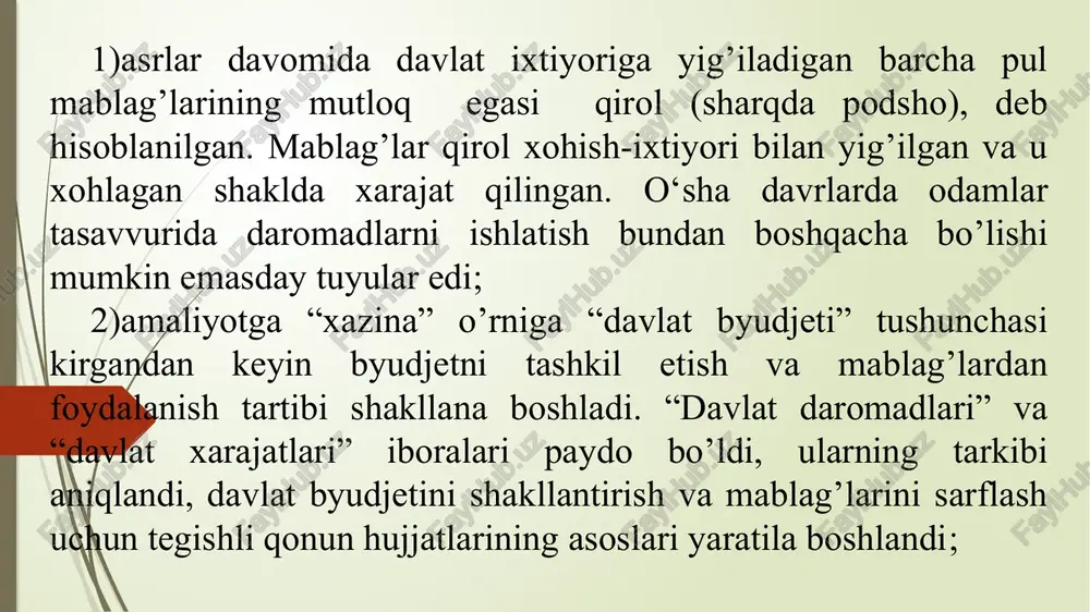 bir xodimi va jamoa-sining moddiy manfaatdorligi va qiziquvchanligini oshirish vazifalariga yo’naltirilgan. moliyaning taqsimlash funksiyasi yordamida davlat faqatgina mdni qayta taqsimlashga emas, balki ishlab chiqarishga, kapitalning jamg’arilishiga, iste’mol sohasiga ham o’z ta’sirini ko’rsatadi. shu ma’noda, moliya iqtisodiyotning davlat va xususiy sektorlarini, ishlab chiqarish va ijtimoiy infrastrukturani, ilmiy-texnika taraqqiyotini va hokozolarni rivojlantirishda hal qiluvchi rolni o’ynaydi. umuman, moliyaning taqsimlash funksiyasi: xo’jalik sub’yektlari, aholi, davlat va mahalliy o’zini o’zi boshqarish organlari darajasida maqsadli pul mablag’lari fondlarini shakllantirishga; xo’jalik ichida, tarmoq ichida, tarmoqlararo, hududlar-aro, shuningdek ishlab chiqarish va noishlab chiqarish sohalari, aholi ijtimoiy guruhlari o’rtasida qayta taqsimlashni sodir etishga; xo’jalik sub’yekti va davlat darajasida zaxiralar yaratishga, fuqarolar tomonidan jamg’arishni amalga oshi-rishga imkoniyat va shart-sharoit yaratib beradi. pul daromadlari va fondlarini shakllantirish hamda foydalanishning vositasi sifatida moliya taqsimlash jarayonining amalga oshirilishini ob’yektiv ravishda o’zida aks ettiradi. uning nazorat funksiyasi yaimni tegishli fondlarga taqsimlash va ularning maqsadga muvofiq sarflanishi ustidan nazoratni amalga oshirish orqali namoyon bo’ladi. …