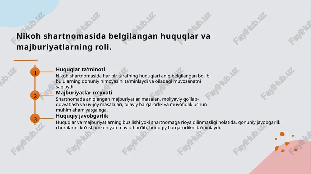 2 oilaviy munosabatlar nikoh shartnomasi oilaviy bog'liqliklarni mustahkamlashda muhim rol o'ynaydi. u er-xotin o'rtasida ishonch va huquqiy mudofaa yaratadi. 3 qonuniy himoya mexanizmlari shartnoma orqali huquqlarni himoya qilish uchun qonuniy mexanizmlar joriy etiladi. bu, ayniqsa, nizolar va muammolar yuzaga kelganda, muhim rol o'ynaydi. nikoh shartnomalarida huquqlarni himoya qilish mexanizmlari 1 huquqiy himoya mexanizmlari nikoh shartnomalarida huquqlarni himoya qilish uchun yasal va sud tizimlari faol ishlaydi. qonunbuzarlik yuzaga kelsa, shikoyatlar va sud jarayonlari orqali huquqlar himoyalanadi. 2 mulk himoyasi nikoh davomida va undan keyin mulk huquqlari qonun bilan belgilangan. mulkni taqsimlash va xavfsizligini ta'minlash uchun huquqiy vositalar mavjud. 3 majburiyatlarni nazorat qilish shartnoma shartlariga rioya qilishni ta'minlash uchun nazorat va monitoring mexanizmlari joriy etilgan. bu oilaviy muvofiqlikni mustahkamlashda muhim. 4 qonuniy jarayonlar huquqlar buzilgan taqdirda, fuqarolar va taraflar uchun yasal chora-tadbirlar va sud majburiyatlari mavjud. bu, nikoh shartnomasining huquqiy asoslarini mustahkamlashga xizmat qiladi. madaniy an'analarga asoslangan oilaviy majburiyatlar 1 madaniy qadriyatlar …