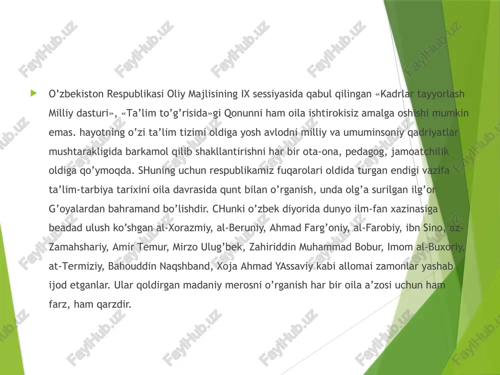 ayotta tayyorlash» kursini kiritish maqsadga muvofiqdir. ota-onalarga oila tarbiyasida metodik yordam beruvchi «oila kutubxonasi» seriyasidagi kitobchalar va maxsus «oila» jurnalini nashr qilishni yo’lga qo’yish, barcha yo’nalishlardagi oliy va o’rta maxsus ta’lim muassasalariga «oila psixologiyasi va pedagogikasi» kursini joriy etish oilani namunali tarbiya maskaniga aylantirish vositasidir. x u l o s a agar inson bir yil to’kin-sochin, baxtli yashashni istasa bug’doy, sholi ekib, unib-o’stiribm, yig’ib –terib, bir yil rohatni ko’radi. agarda, u 10 yil shunday yashashni xohlasa mevali daraxt ekib bog’ yaratadi va rohatini ko’radi. inson bir umr rohat-farog’atdam baxtli-saodatli umr kechirishni xohlasa oqil va dono, solih va soliha, tarbiyali komil farzandlarini voyaga yetkazadi. chunki, hamma havas qiladigan tarbiyali farzandlar nafaqat ota-ona balki, oila, jamiyat va yurt ravnaqining bosh negizidir. barchamizga ma’lumki, oila hayotning abadiyligini ta’minlaydi. bu dargoh yurt farzandlarini jamiyat va elga manfaatli jismonan va sog’lom bo’lib voyaga yetishini ta’minlovchi, millatning urf-odatlari va an’analarini saqlovchi tarbiya o’chog’i hamdir. oila jamiyatning …