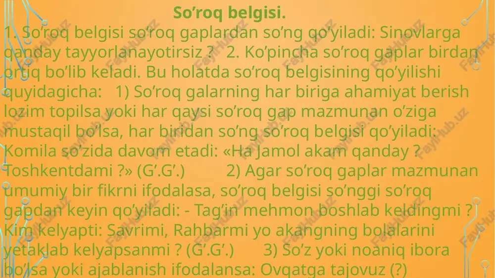 o’zi qirg’oqga chiqarib qo’yadi. (o.) 3. ko’chirma gapdan oldin kelgan muallif gapidan so’ng: adam birdan samovarchiga buyruq beradi: -musavoyga joy solib ber, ozroq yostiq qo’y. (o.) 9. tire. tire quyidagi o’rinlarda ishlatiladi: 1. ot, son, olmosh va harakat nomi bilan ifodalanib hamda kesm bilan bog’lamasiz birikkan ega bilan kesmi orasida: a) aziz vatandoshim, bu –sening imzong. (?.?.) b) yurgan –daryo, o’tirgan –bo’yra. (maqol) 2. uyushiq bo’laklardan so’ng kelgan umumlashtiruvchi so’zdan oldin: suv, er, elekrt–bular hayot bahoriga yangi go’zallik va yangi nash'a bag’ishlovchi kuchlar edi. (o.) 3. ajratilgan bo’lak bilan izohlanmish bo’lak orasida: ularning hammasi –hoh yosh, hoh qari firibgar, zolim (o.). 4. kirish gaplar bilan gap bo’laklari o’rtasida: sibiryakovlar –ular butun boshliq armiyani tashkil qiladilar-fandan oladilar ham, fanni boyitadilar ham. (a.surov) 5. muallif gapi bilan ko'chirma gap orasida: «nega buncha kech qolding, manzura ?-dedi aziz mehribon tovush bilan». (a.surov). 6. dialog tipidagi ko’chirma gaplarda: -ular (qushlar) qayoqqa ketishyapti ? -qish …