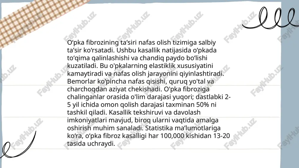 mmun kasalliklar mavjud bo'lishi mumkin. ushbu kasallikning boshlanishi ko'pincha sekin bo'lib, simptomlari nafas qisishi, charchoq, ko'krak og'rig'i va bosh aylanishini o'z ichiga olishi mumkin. davolash usullariga dorilar, kislorod terapiyasi va jiddiy holatlarda jarrohlik kiradi. kasallikni erta aniqlash va davolash natijalarni yaxshilashi mumkin. ... t.me/slaydai_bot 12. oʻpka arteriolarining torayishi — bu oʻpkadagi kichik arteriyalarning torayishi bilan tavsiflanadigan holat boʻlib, asosan yurak yoki oʻpkaning boshqa kasalliklari natijasida yuzaga keladi. u normal oʻpkada sodir boʻlmaydi va koʻpincha oʻpka gipertenziyasi bilan bogʻliq. ushbu jarayon qon oqimini va bosimini oʻzgartiradi, bu esa yurak chap tarafning yuklanishini oshirishi mumkin. torayish darajasi va oʻpkadagi bosim miqdori, vazidaning ogʻirlik darajasi va bemorning umuman tibbiy holatiga qarab oʻzgaradi. davolashda asosan asosiy sabablarni bartaraf etishga qaratiladi, masalan, kislorod terapiyasi, dorilar va jarrohlik aralashuvlar yordamida. ... t.me/slaydai_bot 13. eritrositozning roli eritrositoz — bu qonda eritrositlar sonining ko'payishi bilan tavsiflanadigan holat. eritrositlar, ya'ni qizil qon tanachalari, kislorodni to'qimalarga tashish uchun javobgardir. eritrositozning …