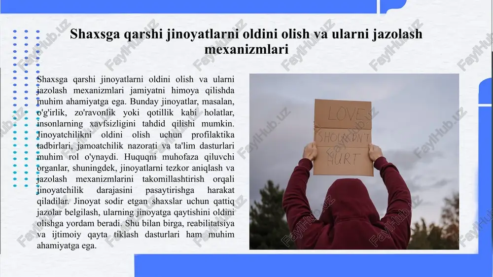 sh maqsadida qonuniy choralar ko'rilmoqda. jamiyatda bunday jinoyatlarga nisbatan murosasizlikni kuchaytirish, ta'lim va tarbiya orqali aholi ongini oshirish muhimdir. shaxsga qarshi jinoyatlar: o'zbekiston kontekstida shaxsga qarshi jinoyatlar - bu shaxslarning huquqlarini va erkinliklarini buzuvchi, odamlarni jismoniy yoki ruhiy zarar yetkazuvchi jinoyatlardir. ushbu jinoyatlar qatoriga o'g'irlik, zo'ravonlik, jinsiy tajovuz va boshqa turli jinoyatlar kiradi. o'zbekistonda shaxsga qarshi jinoyatlar bilan kurashish uchun qonunchilik bazasi mustahkamlanmoqda, lekin bu sohada hali ko'p ishlar qilish zarur. jinoyatchilikni kamaytirish uchun ta'lim tizimida va jamoatchilikda huquqiy ongni oshirish muhim ahamiyatga ega. shaxsga qarshi jinoyatlar bilan bog'liq holatlar insoniyatning ahloqiy va ijtimoiy tarbiyasiga salbiy ta'sir ko'rsatmoqda. shaxsga qarshi jinoyatlar: o‘zini himoya qilish muammolari shaxsga qarshi jinoyatlar, ya'ni odamlarni o'z huquqlaridan mahrum qilish, ularga jismoniy yoki ruhiy zarar yetkazish, jamiyatda eng jiddiy muammolar qatoriga kiradi. bunday jinoyatlar, ko'pincha, shaxsning ijtimoiy holatini, iqtisodiy ahvolini va psixologik jihatlarini o'z ichiga oladi. odamlar bu kabi jinoyatlarga duch kelganda, o'zlarini himoya qilish va …
