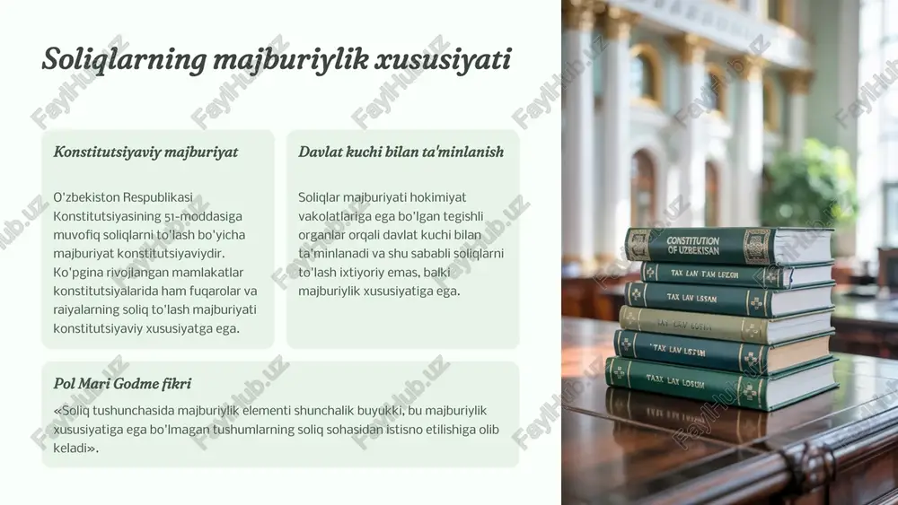 oliq tizimining yagonaligi butun mamlakat bo'ylab soliq tizimi yagona bo'lishi lozim. oshkoralik soliq tizimi shaffof va ochiq bo'lishi kerak. soliq to'lovchining haqligi prezumpsiyasi soliq to'lovchi aybsiz deb hisoblanadi, toki uning aybdorligi qonunda belgilangan tartibda isbotlanmagunga qadar. 15 soliq huquqiy munosabatlari tushunchasi soliqlar va yig'imlarni belgilash, undirish jarayonida vujudga keluvchi ijtimoiy munosabatlar soliq huquqiy munosabatlari deb hisoblanadi. soliq huquqiy munosabatlarining yuridik mazmunini ushbu munosabatlar ishtirokchilarining huquq va majburiyatlari tashkil etadi. soliq huquqiy munosabatlari - bu soliq huquqi normalari bilan tartibga solinadigan, soliqlar va boshqa majburiy to'lovlarni belgilash va undirib olish hamda soliq qonunchiligiga rioya etilishini nazorat qilish jarayonida yuzaga keladigan ijtimoiy munosabatlardir. 16 soliq huquqiy munosabatlarining xususiyatlari davlat ishtiroki soliq sohasidagi huquqiy munosabatlarda xamma vaqt davlat (yoki u vakolat bergan organ) tomonlarning biri sifatida qatnashadi. bo'ysunish munosabati ikkinchi tomon, ya'ni soliq to'lovchi xar doim birinchi tomonga bo'ysunadi. bu soliq huquqiy munosabatlarining vertikal xarakterga ega ekanligini ko'rsatadi. mulkiy xarakter soliq huquqiy munosabatlari …