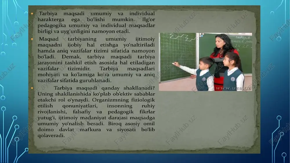 angi pedagogik yo’nalish yuzaga keldi. milliy tarbiya-o`zbekiston milliy mustaqilligining pedagogik maqsadi va shartidir. milliy tarbiya o`zbekiston davlat mustaqilligini mustahkamlash va amalga oshirishga tayyor shaxslarni tarbiyalab yetkazishga xizmat qiladi. milliy tarbiya nima? milliy tarbiya bu har bir xalqning o’z milliy madaniyati, tili, tarixi, urf-odatlari, an‘analari, hayot tarzi asosida tarbiyalashdir.o`zbekiston maktablari o`quvchilarini milliy tarbiyalash mezonlari mustaqillik tufayli dolzarb ahamiyat kasb etgan, shaxsning milliyligiga aloqador bo’lgan fazilatlarni singdirish tamoyillaridan kelib chiqadi. o`zbekistonning ijtimoiy buyurtmasi bo’lgan ijobiy sifatlar: milliy iftixor, vatanparvarlik, millatlararo muloqot madaniyati, milliy odob, iymon-e‘tiqod, milliy istiqlol mafkurasining asosiy g’oyalarni singdirishni; ularning aksi bo’lgan salbiy sifatlar; milliy befarqlik, xoinlik, vatanfurushlik, millatchilik, vijdonsizlik, mafkurasizlik kabilarga nafrat uyg’otish zarur. o`quvchilarning milliy tarbiyalanganlik ko’rsatkichlari, mezonlari qaysilar bo’lishi kerak? bu ko’rsatkichlar quyidagilar: o`zbekiston vatanim mening. vatanparvarlik; o`zbekistonning tabiiy, milliy, ma‘naviy xususiyatlarini bilish; vatanimizning o’tmish tarixi, hozirgi hayoti va kelajagi haqida tushunchalarga ega bo’lish; o’zbek xalqining qahramon farzandlarini bilish, davlat ramzlarini bilish. milliy g’urur asoslari. o’zining o’zbek …