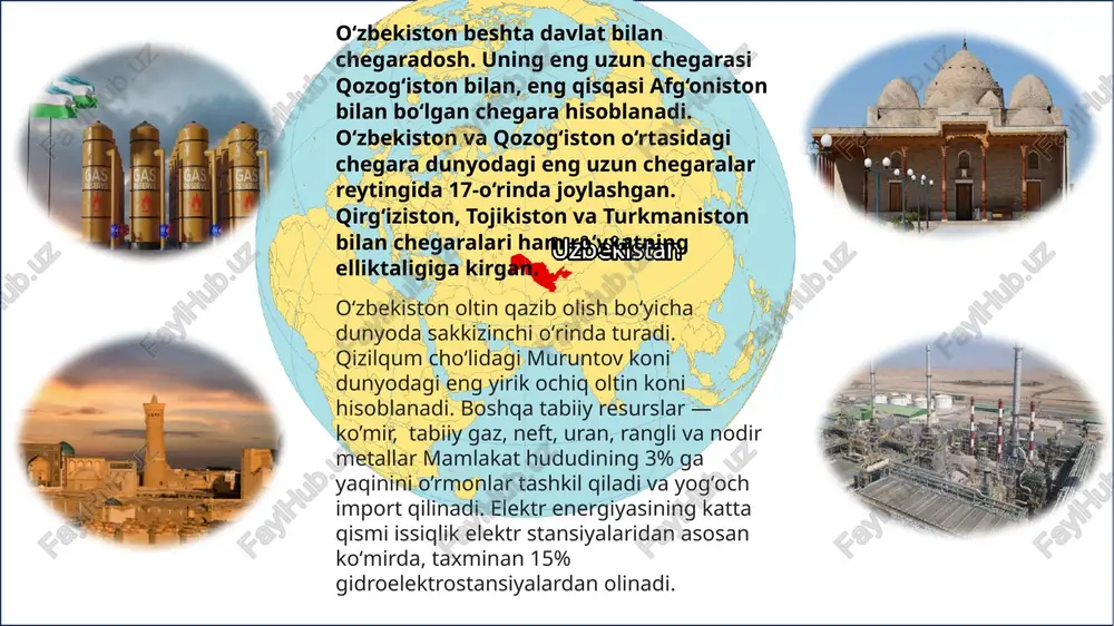 a kiritilgan tarixiy shaharlarda - samarqand, buxoro, shahrisabz va xivada qadimgi meʼmoriy obidalarni ziyorat qilib, o‘tgan davrlarning aks-sadolari saqlanib qolgan, mamlakatning janubiy qismida - surxondaryo, tog‘ daralari bo‘ylab sayohat qilish yoki termiz yaqinidagi qadimiy shaharlarning xarobalarini ko‘rish mumkin. mavsumga qarab, bu yerda siz tyan-shan etaklarida chang‘ida uchishingiz yoki katta chimyonning eng yuqori cho‘qqisiga chiqishingiz mumkin. tabiati tabiat shaydolari uchun o‘zbekiston dam olish uchun ajoyib maskan, chunki mintaqaning ulug‘vor tog‘lari va vodiylari, sirdaryo va amudaryo kabi jo‘shqin daryolarning betakror to‘lqinlari, ekzotik hayvonlar va boy o‘simliklar olami bir qarashda o‘ziga maftun etadi. xulosa o’zbekiston – bu yurt qadimiy shaharlari, tarixiy obidalari, rivojlanayotgan sanoati va zamonaviy infratuzilmasi bilan har tomonlama taraqqiyot yo’lida dadil odimlamoqda. taqdimot davomida ko’rib chiqqanimizdaek , o’zbekiston nafaqat markaziy osiyoning yuragi, balki butun dunyo sayyohlari va sarmoyadorlari uchun ham jozibador maskandir. mamlakatimizning kelajagi porloq va istiqboldir. e’tiboringiz uchun katta rahmat. media1.mp3 image1.png image2.jpg image3.png image4.jpg image5.png image9.jpg image10.jpg image11.jpg image12.jpeg …