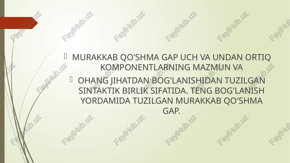 bergan voqea-hodisalarni ifodalaydi: mashg‘ulotlar tugadi va hamma o‘z uyiga tarqaldi. odam qo‘li tegdi-yu, tashlandiq yerlar obod bo‘ldi. qattiq izg‘irin ko‘tarildi-da, hech kim uydan chiqmay qo‘ydi. www.arxiv.uz 2) zidlov munosabatli bog‘langan qo‘shma gaplar va ularda tinish belgilarining ishlatilishi.bunday gaplar tarkibidagi sodda gaplar o‘zaro ammo, lekin, biroq bog‘lovchilari, -u(-yu) yordamida bog‘lanadi: yurtimizning bu kuni chiroyli, lekin ertasi, indini yanada chiroyliroq, baxtliroq bo‘ladi. havo ochildi-yu, harorat sezilmadi. ba’zan zidlik mazmunini kuchaytirish uchun zidlov bog‘lovchisi va bu vazifada qo‘llangan -u(-yu)yuklamasi birga ishlatiladi: kechasi qor yog‘di-yu, lekin havo unchalik sovimadi. yozuvda zidlov bog‘lovchilaridan oldin, yuklamalardan keyin vergul qo‘yiladi. 3) ayiruv munosabatli bog‘langan qo‘shma gaplar va ularda vergulning ishlatilishi. bunday ishlardagi sodda gaplar o‘zaro ayiruv bog‘lovchilari – goh…goh, yoki…yoki, ba’zan…ba’zan, dam…dam, yohud…yohud yordamida bog‘lanadi. ayiruv bog‘lovchili bog‘langan qo‘shma gaplar voqea-hodisalarning galma-gal bo‘lishini yoki ulardan biri bo‘lishini ifodalaydi: goh osmonni tutib ashula yangrar, goh allaqayerdan garmon tovushi eshitilib qolar edi. takrorlanib qo‘llangan ayiruv bog‘lovchilarining ikkinchisidan oldin vergul …