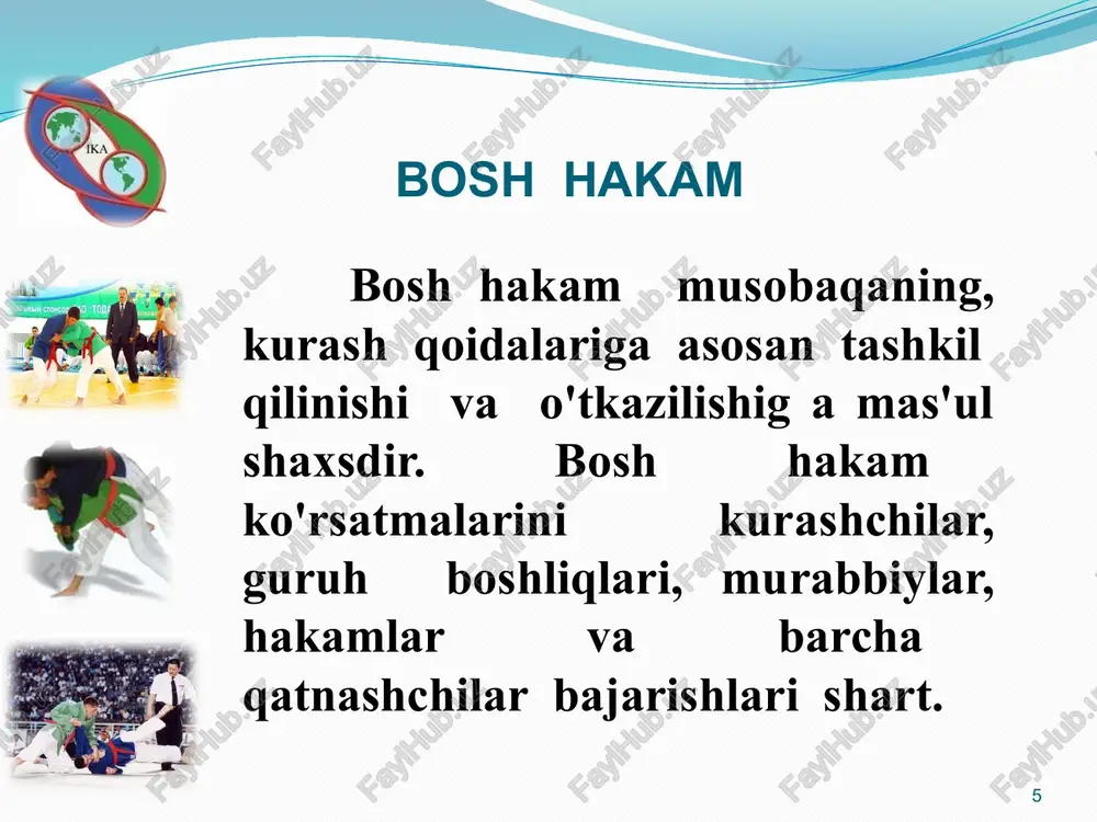 hisoblab bosh hakamni habardor qilishi shart. obrazets teksta vtoroy uroven tretiy uroven chetvertiy uroven pyatiy uroven 13 tablodagi hakam. 14 a) tablodagi hakam e'lon qilgan har bir bahoni yoki ogohlantirishlarni tabloda ko'rsatib boradi; b) agar o'rtadagi hakam e'lon qilgan natijalarni ko’rolmay yoki eshitolmay qolsa, gilam boshqaruvchi hakamdan aniqlab oladi; c) tabloda aks ettirilgan baholar yoki ogohlantirishlar, gilamda kurashchilardan birining g'olib chiqqanligini e'lon qilguncha turishi shart. obrazets teksta vtoroy uroven tretiy uroven chetvertiy uroven pyatiy uroven 14 e'lon qiluvchi hakam 15 1. musobaqaning kun tartibini, qays vazn toifasida, kimlar o'rtasida olishuv bo'lishini, qaysi kurashchilar olishuvga tayyorlanib turishini e'lon qilib boradi. gilamga chiqqan har bir kurashchi haqida ma'lumot berib boradi. gilamni boshqarayotgan hakam va gilaimdagi hakamlar haqida ham tomoshobinlarga ma'lumot berib boradi. 2. olishuv natijalarini e'lon qiluvchi hakam tomonidan e'lon qilingandan so'ng hakamlar qarori qat'iy hisoblanadi va qayta muhokama qilinmaydi. 3. musobaqa va kurashga taalluqli bo'lmagan e'lonlar faqat bosh hakam yoki uning …