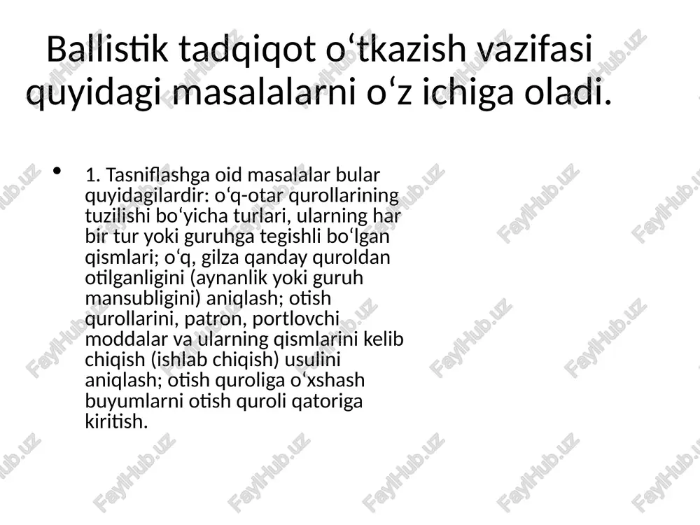 alarni identifikatsiya qilish; patronlarni o‘qlash uchun ishlatilgan materiallarning mansabi birligini aniqlash; bo‘laklardan bir butunni tiklash; portlash bilan birga ro‘y beradigan reaksiyalarga beriluvchi moddalar portlovchi moddalar hisoblanadi. portlash deganda, obyektlarni buzishi mumkin bo‘lgan, katta miqdordagi issiqlik va gazlar ajralib chiqishi bilan birga ro‘y beradigan o‘ta tez yuz beruvchi reaksiyaga aytiladi. qo‘llanishiga ko‘ra, portlovchi moddalarni 4 guruhga bo‘lish mumkin; harakatchan (portlovchi) moddalar; vrizantlar (nitritlar); otiladigan (porox) moddalar; pirotexnik tarkiblar (yonuvchi aralashmalar). image1.png image2.png image3.png image4.png image5.png image6.png image7.png image8.png image9.png image10.png image11.png image12.png image13.png image14.png image15.png image16.png image17.png image18.png image19.png image20.png image21.png image22.png image23.png image24.png image25.png image26.png image27.png image28.png /docprops/thumbnail.jpeg