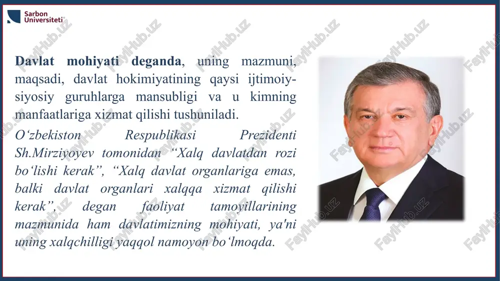 nopol huquqga egaligida ifodalanadi. demak, davlat hokimiyatining xususiyati (atributi) sifatida suverenitet – ma’lum bir hududda oliy hokimiyatga egalik, davlatning ichki va tashqi siyosatdagi to‘la mustaqilligidir. hokimiyat — umumiy ma’noda muayyan sub’ektning (individ, jamoa, tashkilot) boshqa sub’ekt (individ, jamoat, tashkilot) irodasini o‘z manfaatlariga bo‘ysundirishiga oid munosabatlar tushuniladi. muayyan hodisa sifatida hokimiyat quyidagi jihatlarga ega: hokimiyat ijtimoiy hodisa hisoblanadi. hokimiyat jamiyat rivojlanishining barcha bosqichlariga xos bo‘lgan hodisadir. hokimiyat faqat ijtimoiy munosabatlar doirasidagina amalda bo‘ladi. hokimiyat munosabatlari ikki tomonlama ko‘rinishga ega bo‘lib, uning muayyan bir subyekti hokimiyat subyekti bo‘lsa, ikkinchi tomoni esa hokimiyatga bo‘ysunuvchi subyekt hisoblanadi. hokimiyatning eng muhim belgilaridan biri, bu uning muayyan kuchga egaligidadir. bunday kuch turli xil shaklda bo‘lishi mumkin, ya’ni harbiy kuch, avtoritet kuchi, ishonch, estetik ta'sir va boshq. hokimiyatni turli xil mezonlar bo‘yicha tasniflash mumkin. xususan, ijtimoiy darajalariga ko‘ra u quyidagicha tasniflanadi: butun jamiyat doirasidagi hokimiyat; u yoki bu jamoa doirasidagi hokimiyat; ikki individ munosabatlari o‘rtasidagi hokimiyat. davlat …