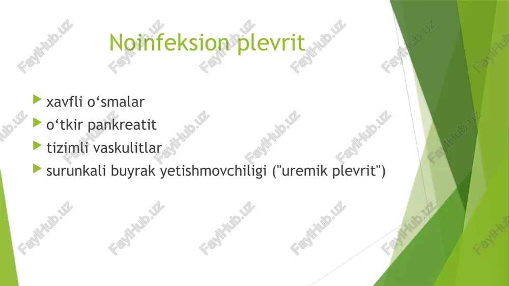 h. 1.yallig‘lanishga qarshi va desensibilizatsiya vositalarini qo‘llash. yallig‘lanishga qarshi vositalar plevritni tez tuzalish va og‘riq qoldirish xususiyatiga ega. nosteroid yallig‘lanishga qarshi vositalar tayinlanadi (atsetilsalitsil kislotasi 1 grammdan kuniga 3-4 mahal, voltaren yoki indometatsin 0,0025 g dan kuniga 3 mahal va b.). desensibilizatsiyalash maqsadida kalsiy xloridning 10% li eritmasidan 1 osh qoshiqdan kuniga 3 mahal ichish va boshqa dori vositalari buyuriladi. quruq plevritlarda va og‘riqli yo‘tal bo‘lgan paytlarda yo‘talga qarshi vositalar tayinlanadi(dionin, kodein 0,01 g dan kuniga 2-3 mahal va b.) davomi ekssudatni plevral punksiya orqali evakuatsiya qilishdan 2 ta maqsad bor: 1.empiema rivojlanishini oldini olish 2. ezilib qolgan hayotiy muhim a’zolar faoliyatini tiklash. kollaps bo‘lmasligi uchun bir vaqtning o‘zida 1,5 litrdan ko‘p bo‘lmagan suyuqlik olish kerak. agar ekssudativ plevrit etiologiyasi nospetsifik infeksiyadan bo‘lsa, u holda ekssudat chiqarilgach plevra bo‘shlig‘iga antibakterial vositalarni yuborish maqsadga muvofiqdir. plevrada o‘tkir empiema rivojlansa, yiringli ekssudat olib tashlanib, plevra bo‘shlig‘iga antibiotiklar yuboriladi. surunkali empiemalar operativ yo‘l …