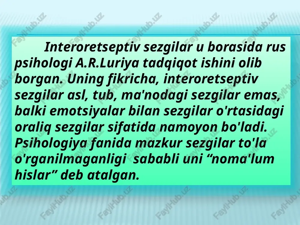 i va reteptorning funksional holati bilan belgilanadi. sezgining davomiyligi uning vaqtinchalik hususiyati hisoblanadi. bilinar – bilinmas sezgi hosil qiluvchi qo`zg`tuvchining minimal kuchi sezgirlikning quyi chegarasi deyiladi. sezgi chegarasining me'yori ?anchalik kichik bo'lsa, mazkur analizatorning sezgirligi shunchalik yuksak bo'ladi. formulasi e=— 1 p1 e – sezgirlik r-qo'zg’atuvchining ta'sir me'yori. sezgining mutlaqo yuqori sezuvchanligi deb qo'zg’atuvchining kuch bilan ta'sir qilishiga aytiladi. sezgilar o'rtasidagi bilanar–bilinmas farqni hosil qiluvchi ikkita qo'zg’atuvchi o'rtasida mavjud bo'lgan minimal farq ajratish chegarasi yoki ayirma chegarasi deb ataladi. farqlanishning aksariyat analizatorlari uchun doimiy bo'lgan nisbiy o'lchash bilan belgilanadi. ko'rish analizatori uchun bu nisbat tahminan eshitish analizatori uchun bu nisbat tahminan taktil analizatori uchun bu nisbat tahminan nemis fizigi g.fehner (1801-1887) veber o'tkazgan tajribalarda olingan ma'lumotlarga asoslanib, sezgilarning jadalligi qo'zg’atuvchining kuchiga bog’liqligini quyidagicha shaklida ifodalangan edi. s = klg j +c bunda s – sezgining jadalligini, j – qo'zg’atuvchining kuchini, k va c konstantlar o'zgarmas, doimiyligi va miqdorlarni bildiradi. psihofizik …