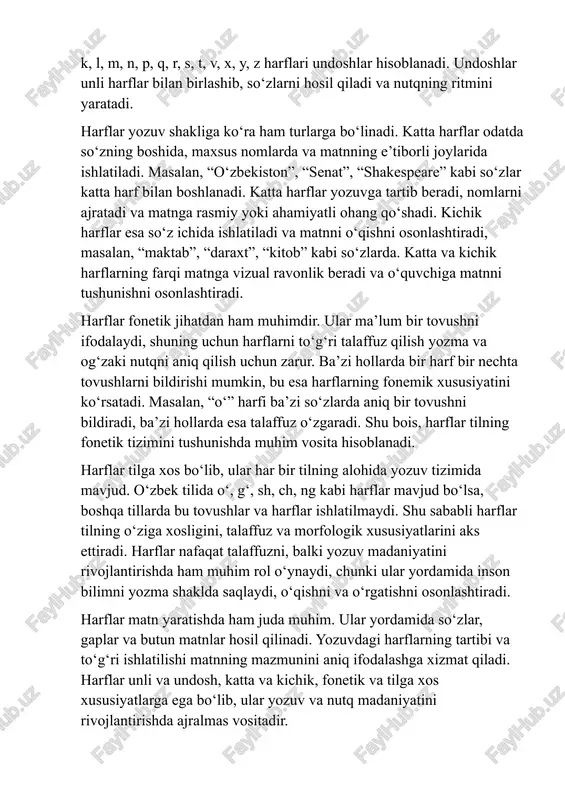 lar tilning o‘ziga xosligini, talaffuz va morfologik xususiyatlarini aks ettiradi. harflar nafaqat talaffuzni, balki yozuv madaniyatini rivojlantirishda ham muhim rol o‘ynaydi, chunki ular yordamida inson bilimni yozma shaklda saqlaydi, o‘qishni va o‘rgatishni osonlashtiradi. harflar matn yaratishda ham juda muhim. ular yordamida so‘zlar, gaplar va butun matnlar hosil qilinadi. yozuvdagi harflarning tartibi va to‘g‘ri ishlatilishi matnning mazmunini aniq ifodalashga xizmat qiladi. harflar unli va undosh, katta va kichik, fonetik va tilga xos xususiyatlarga ega bo‘lib, ular yozuv va nutq madaniyatini rivojlantirishda ajralmas vositadir. 2 unli harflar: ta’rif, o‘zbek tilidagi unli harflar (a, e, i, o, u, oʻ, …), tovush xususiyatlari. unli harflar – bu tovush chiqarishda og‘iz orqali to‘liq havo oqimi bilan hosil bo‘ladigan harflar bo‘lib, ular so‘zning ritmi, ohangi va talaffuzini belgilaydi. unli harflar yordamida so‘zlar hosil qilinadi va ular undosh harflar bilan birlashib, so‘zlarning talaffuzini va shaklini yaratadi. unli harflar tilning fonetik tizimida juda muhim o‘rin tutadi, chunki ular …