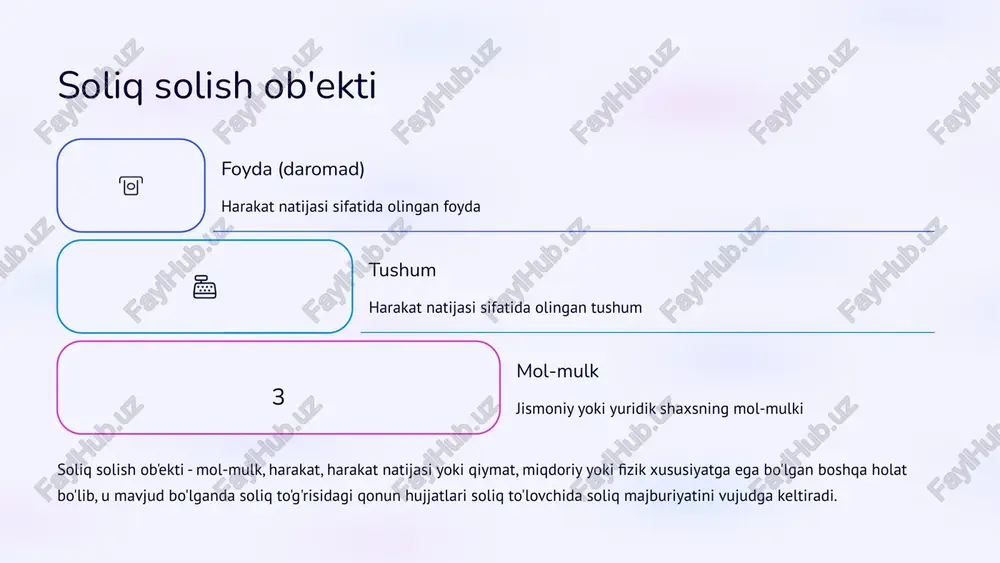 i daromadlari hisoblanadi. 16 yer qa'ridan foydalanganlik uchun soliq soliq to'lovchilar yer qa'ridan foydali qazilmalarni qazib oluvchi, mineral xom ashyodan foydali komponentlarni ajratib oluvchi yer qa'ridan foydalanuvchilar soliq solish ob'ekti qazib olingan foydali qazilmaning hajmi foydali qazilmalarning haqiqiy yo'qotishlarini hisobga olgan holda soliq bazasi har bir qazib olingan foydali qazilmaga nisbatan aniqlanadi soliq stavkasi foydali qazilmalarning normativ yo'qotishlariga 0 foizli stavka qo'llaniladi 17 suv resurslaridan foydalanganlik uchun soliq soliq to'lovchilar o'zbekiston respublikasi hududida suvdan birlamchi foydalanishni yoki suvni iste'mol qilishni amalga oshiruvchi yuridik shaxslar, yakka tartibdagi tadbirkorlar va dehqon xo'jaliklari. soliq solish ob'ekti va bazasi yer usti va yer osti manbalaridan olinadigan suv resurslaridan foydalanish. soliq bazasi foydalanilgan suvning hajmi bo'lib, suv o'lchagich asboblar ko'rsatkichlari asosida aniqlanadi. soliq stavkalari belgilangan limitlar doirasida yer usti va yer osti manbalaridan olinadigan suv resurslari uchun soliq stavkalari bir kub metr uchun mutlaq miqdorda belgilanadi. 18 mol-mulk solig'i va yer solig'i mol-mulk solig'i jismoniy …