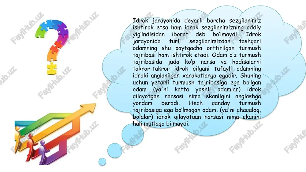 uziya deb ham yuritiladi. ob'ektiv illyuziya biz idrok qilayotgan narsalarning o’zaro bir-biriga ta'siri tufayli yuz beradi. illyuziyaning bu turi har xil geometrik shakllarni idrok qilishda juda yaqqol ko’rinadi. masalan, uzunligi baravar bo’lgan ikkita gorizontal to’g’ri chiziq chizilsa, bu chiziqlarning uchlariga tashqariga qaratilgan va ichkariga qaratilgan chiziq kattaroq bo’lib ko’rinadi. idrok jarayonida yuz beradigan illyuziyaning bu turiga juda ko’plab misol keltirish mumkin. masalan, baravar kattalikka ega bo’lgan uchta ketma-ket turgan to’g’ri burchakli ustunchalarni chizib, ularning atrofiga uzoqlashtiruvchi chiziqlarni chizsak, bu uchta ketma-ket turgan ustunchalar har xil kattalikda bo’lib ko’rina boshlaydi. bu erda uzoqlashtiruvchi chiziqlarning ta'sirida illyuziya hosil bo’ladi. subektiv illyuziya sub'ektiv illyuziyalar odamning ayni chog’dagi hissiy holati bilan bog’liq bo’ladi. boshqacha qilib aytganda, odamning hissiy holatida ro’y beradigan o’zgarishlar idrok jarayoniga ta'sir qiladi. masalan, yuqorida aytib o’tilganidek, odam kechasi yolg’iz ko’chada qo’rqib ketayotgan bo’lsa, har bir sharpa uning qo’rqinch hissini kuchaytirib yuboradi. natijada uning ro’parasidan chiqib qolgan butalgan daraxt qandaydir dahshatli …