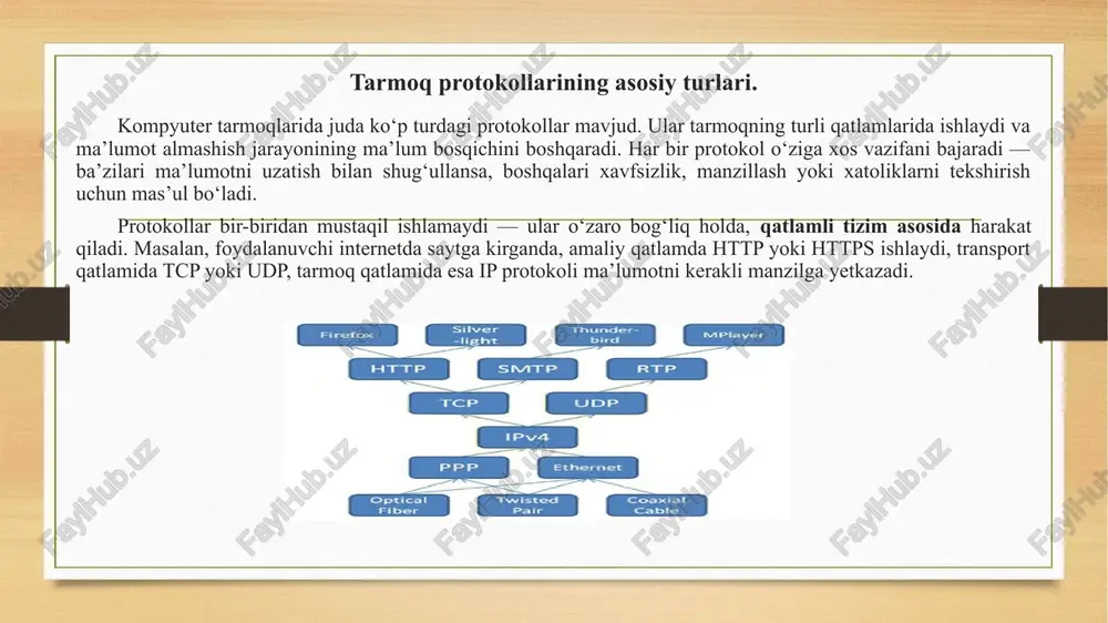 3 va imap elektron pochta almashishda ishlatiladi. udp protokoli tezlik muhim bo‘lgan sohalarda — onlayn o‘yinlar va video uzatishda qo‘llaniladi. bundan tashqari, arp va icmp tarmoqdagi qurilmalarni aniqlash hamda nosozliklarni topishda yordam beradi. dns esa domen nomlarini ip manzillarga aylantirib, foydalanuvchilarga internetdan qulay foydalanish imkonini beradi. xulosa qilib aytganda, tarmoq protokollari — bu tarmoqlarni boshqarish, ma’lumot uzatish va xavfsizlikni ta’minlash uchun zarur bo‘lgan eng muhim texnologiyalardir. ular tufayli global tarmoqlar uzluksiz va samarali ishlaydi. tarmoq protokollarining amaliy qo‘llanilishi. image7.png image8.png image9.jpg image10.png image11.png image12.png image13.png image14.png image15.png image16.png image17.png image18.jpg image19.png image20.png image21.png image22.png image3.png image4.png /docprops/thumbnail.jpeg
