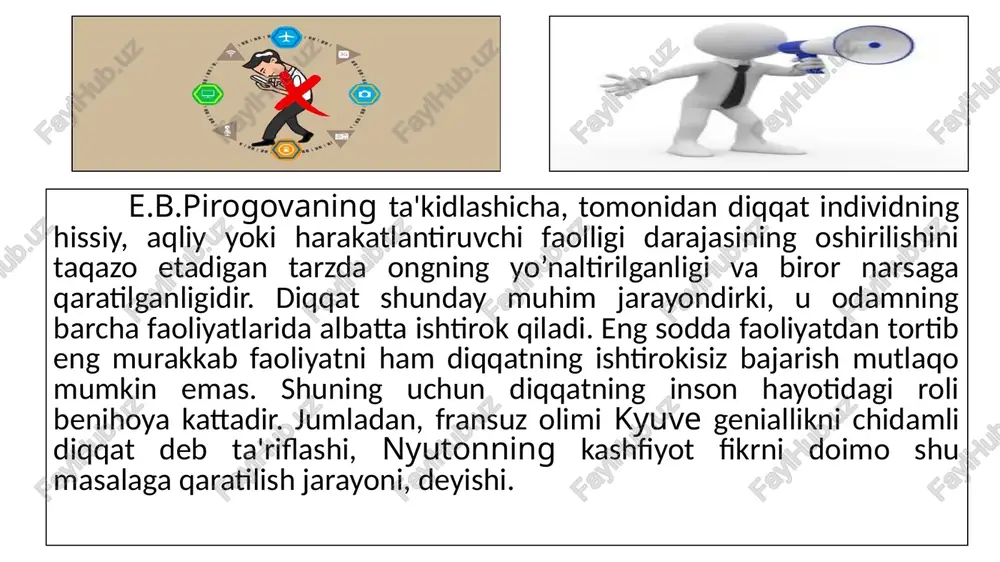 da kuchini sarflash orqali, ya'ni odam o’zini majbur qilish orqali diqqatni safarbar qilishi odamni charchatadi. ixtiyorsiz diqqatda esa hech qanday iroda kuchini ishga solish talab etilmaydi. shuning uchun ixtiyorsiz diqqatda odam charchamaydi. ana shu jihatdan olganda ta'lim va mehnat jarayonida ixtiyoriy diqqatning vaqti-vaqti bilan ixtiyorsiz diqqatga o’tib turishi yaxshi bo’ladi. ixtiyoriy va ixtiyorsiz diqqatdan tashqari uning yana bir alohida turini ixtiyoriydan so’nggi diqqatni ko’rsatib o’tish mumkin. bu tushuncha psixologiyaga n.f.dobrinin tomonidan kiritilgan. agar maqsadga qaratilgan faoliyatda shaxs uchun diqqatning ixtiyoriy to’planganidagi kabi faqat faoliyat natijasi emas, balki uning mazmuni va jarayonning o’zi qiziqarli va ahamiyatli bo’lsa ixtiyoriydan so’nggi diqqat deb tushunish mumkin. diqqat xususiyatlari odamning diqqati bir qancha xususiyatlarga ega bo’lib, ulardan asosiylari - diqqatning kuchi va barqarorligi, diqqatning ko’lami, diqqatning bo’linuvchanligi va diqqatning ko’chuvchanligidan iboratdir. diqqatning mazkur xususiyatlari quyidagi jadvalda to’liq aks ettirilgan va shunga muvofiq har biriga qisqacha ta'rif berib o’tamiz. diqqatning kuchi va barqarorligi diqqatning kuchi va …