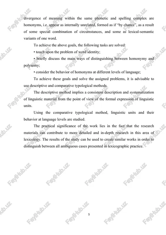 problem of the semantic identity of a word (which is understood as a certain connection between the individual meanings of a word and the unity of their material shell) can be considered in several aspects. we are interested in the semantic diversity of a word: which meanings are semantic variants of one word, and which belong to words - homonyms. the ambiguity of a word, acting as the ability of a word to “synchronously simultaneously have different meanings, is manifested due to the fact that a word, along with the designation of one phenomenon, can serve as the name of another phenomenon of objective reality, if the latter has any signs or properties in common with the named phenomenon "[shansky n.m., 1972, p. 36-37]. the lexical meaning of a word is the connection between the sound complex and certain phenomena of reality established by the collective. one side, one essential …