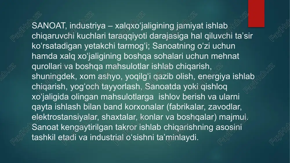 qaror topdi. natijada, yurtimiz iqtisodiyotining barqaror o‘sishida bu islohotlarning samarasi benihoya katta bo‘lib kelmoqda. shunday ekan, istiqlol sharoitida o‘zbekistonda sanoat sohasida olib borilayotgan keng ko‘lamdagi islohotlar va ularning ishlab chiqarish rivojiga ta’sirini o‘rganish, tahlil qilish, kerak bo‘lsa uni tadqiq etish bugungi kunda o‘zbekiston tarixi fani va uning tadqiqotchilari oldida turgan dolzarb vazifalaridan biri hisoblanadi. foydalanilgan adabiyotlar 1. internet tarmoqlari 2. vikipendiyalar 3. ziyo.net 4. researchgate sayti 5. arxiv.uz sayti e’tiboringiz uchun raxmat image6.jpeg image7.jpeg image8.jpeg image9.jpeg image10.jpeg image11.jpeg image12.jpeg image13.jpeg image2.png image3.png image4.png image5.png