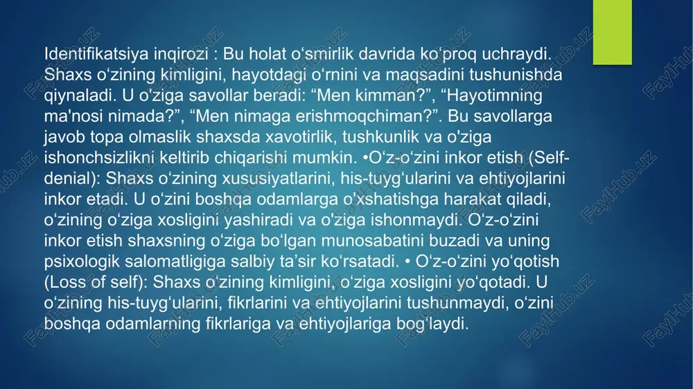 korlik va o‘z-o‘zini ifodalash o‘z his-tuyg‘ularingizni, fikrlaringizni va ehtiyojlaringizni ifoda etishga yordam beradi. rasm chizish, musiqa chalish, yozish, raqsga tushish va boshqa ijodiy faoliyatlar orqali o'zingizni ifoda etishingiz va o'zingizni yaxshiroq tushunishingiz mumkin. xulosa qilib aytganda, o‘z-o‘zini anglash -bu murakkab va uzoq davom etadigan jarayon. bu jarayon har bir shaxs uchun o‘ziga xos kechadi va ko‘p hollarda psixologik muammolarni keltirib chiqarishi mumkin. ammo, o‘z-o‘zini anglash shaxsning hayotida muhim rol o'ynaydi. o‘z-o‘zini anglagan shaxs o'zining kimligini, hayotdagi o'rnini va maqsadini tushunadi, o‘ziga ishonadi va o‘z hayotini o‘zi boshqaradi. o‘z-o‘zini anglash bilan bog‘liq muammolarni yengish uchun o‘z-o‘zini kuzatish, tahlil qilish, qabul qilish, rivojlantirish, psixologik yordam, ijtimoiy qo‘llab-quvvatlash, o‘z-o‘ziga g‘amxo‘rlik, mindfulness va ijodkorlik kabi yo‘llardan foydalanish mumkin. o‘z-o‘zini anglash -bu o‘zlikka sayohat, bu sayohat har bir shaxs uchun o‘ziga xos va muhimdir. bu sayohatda o‘zingizga mehribon bo‘ling, o‘zingizni qabul qiling va o‘z-o‘zingizni rivojlantirishga intiling. foydalanilgan adabiyotlar 1. umumiy psixologiya. a.v. petrovskiy taxr. t.1992. …