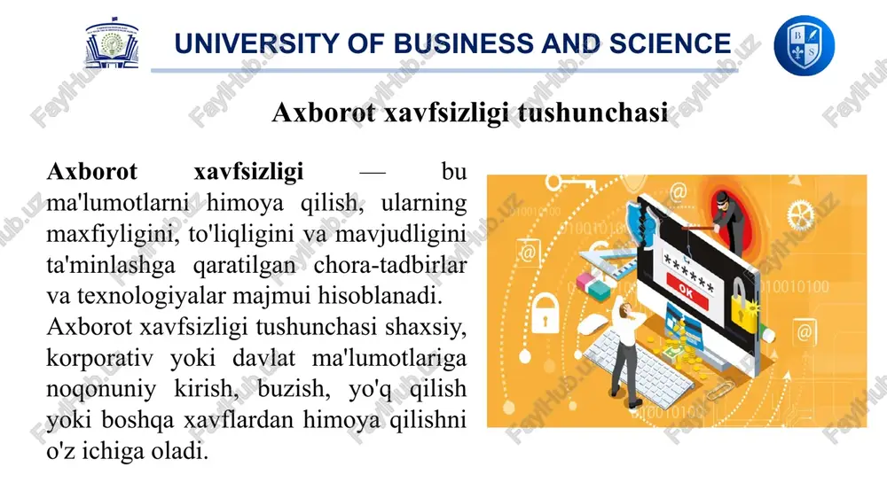 sh, tarqatish jarima noqonuniy kirish (hacking): kompyuter tizimlariga ruxsatsiz kirish yoki ularni buzish – jinoyat deb hisoblanadi va 2 yilgacha qamoq jazosi bilan jazolanadi (jinoyat kodeksi, 270-modda). ma’lumotlarni o‘zgartirish yoki yo‘q qilish: kompyuter tizimidagi ma’lumotlarni ruxsatsiz o‘zgartirish yoki yo‘q qilish jinoiy javobgarlikka olib keladi. shaxsiy ma’lumotlarni noqonuniy yig‘ish va tarqatish: fuqarolarning shaxsiy ma’lumotlarini himoyasiz tarqatish – jinoiy javobgarlikni keltirib chiqaradi (jinoyat kodeksi, 139-modda). axloqsiz yoki noqonuniy axborotni tarqatish: axloqsiz, zo‘ravonlikni targ‘ib qiluvchi, ekstremistik mazmundagi axborotni tarqatganlik uchun ham jinoiy javobgarlik mavjud (jinoyat kodeksi, 244-modda). jinoiy javobgarlik axborotning himoyasi deb boshqarish va ishlab chiqarish faoliyatining axborot xavfsizligini ta'minlovchi va tashkilot axborot zaxiralarining yaxlitliligi, ishonchliligi, foydalanish osonligi va maxfiyligini ta'minlovchi qatiy reglamentlangan dinamik texnologik jarayonga aytiladi. axborot xavfsizligi nuqtai nazaridan axborotni quyidagicha turkumlash mumkin: •maxfiylik — aniq bir axborotga faqat tegishli shaxslar doirasigina kirishi mumkinligi, ya'ni foydalanilishi qonuniy xujjatlarga muvofiq cheklab qo`yilib, hujjatlashtirilganligi kafolati. bu bandning buzilishi o`g`irlik yoki axborotni oshkor qilish, …