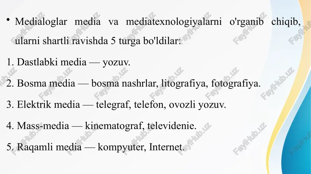 vodxonligini oshirishga qaratilgan: konferensiyalar, seminarlar, loyiha taqdimotlari, yoshlar tanlovlari bo‘lib o‘tadi. 5. yoshlar bilan ishlash va ularni faollikka chorlash yunesko yoshlarga mo‘ljallangan maxsus dasturlarni ishlab chiqqan: yosh jurnalistlar klublari, ijtimoiy tarmoqlarda tanqidiy fikrlashni rivojlantirish, raqamli xavfsizlik, soxta xabarlar va dezinformatsiyaga qarshi kurashish bo‘yicha o‘quvlar. 6. dezinformatsiyaga qarshi kurash bo’yicha quyidagicha: yunesko internetdagi yolg‘on ma’lumotlar, “feyk” yangiliklar va noto‘g‘ri propagandaga qarshi kurashish uchun: amaliy qo‘llanmalar, xalqaro ko‘rsatmalar, jurnalistlar va foydalanuvchilar uchun tavsiyalar ishlab chiqmoqda. mediata'limni quyidagi asosiy yo'nalishlarga (ko'rinishlarga) ajratishimiz mumkin: 1. mediata'lim matbuot, radio, televidenie, kino, video va internet olamiga bo'lg'usi professionallar -jurnalistlar, muharrir, rejissyor, prodyusser, aktyor, operator va boshqalarni tayyorlaydi. 2. mediata'lim ta'lim muassasalaridagi mediamadaniyat kurslarini olib boruvchi bo'lg'usi pedagoglarni tayyorlaydi. 3. mediata'lim maktablar, o'rta maxsus, (kasb-hunar) ta'lim, oliy ta'lim muassasalarida yoki mustaqil tartibdagi (maxsus, ixtiyoriy ravishda o'tiladigan, to'garak va boshqa)ta'lim oluvchi o'quvchi va o'quvchilar umumiy ta'limining bir qismidir. 4. qo'shimcha ta'lim muassasalari va o'quvchilarning bo'sh vaqtini mazmunli tashkil …