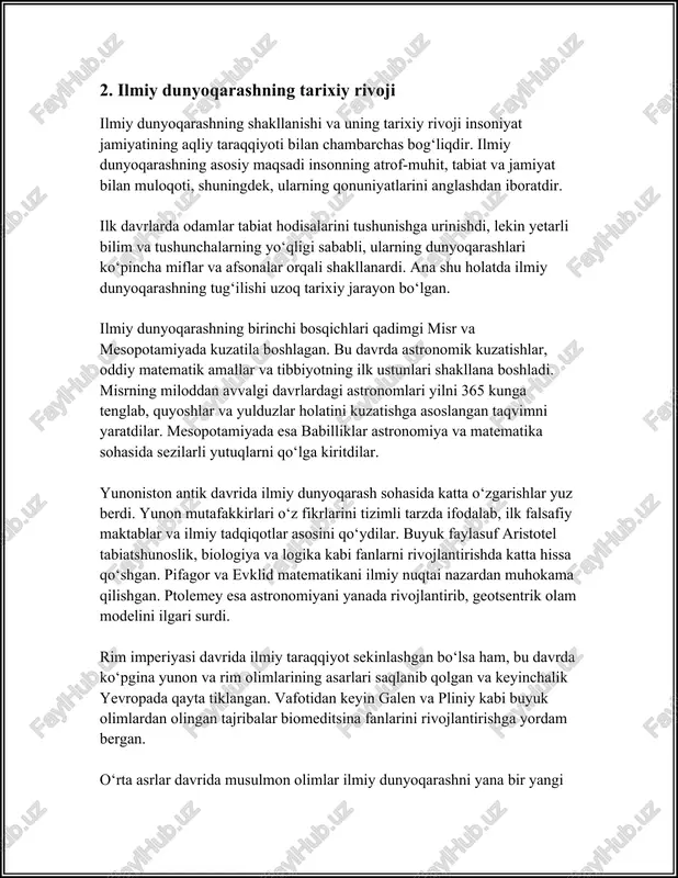 qot jarayonining turli bosqichlarida qo‘llaniladi: masalan, muammoni qo‘yish, gipotezalarni shakllantirish, eksperimentlarni rejalashtirish va natijalarni tahlil qilish. bu esa, o‘z navbatida, ilmiy dunyoqarashni kengaytirishga yordam beradi. tadqiqot usullari – bu ilmiy metodologiyaning muhim qismi sanaladi. tadqiqot usullari olimlarga ilmiy ma'lumotlarni to‘plash, tahlil qilish va yangi bilimlarni yaratishga yordam beradi. tadqiqot usullari sifatiga qarab, turli shakllarda bo‘lishi mumkin: kuzatish, eksperiment, matematik modellashtirish, statistik tahlil, va boshqalar. kuzatish – ilmiy tadqiqotning eng qadimiy va keng qo‘llaniladigan usuli bo‘lib, ob'ekt yoki hodisalarni tabiiy sharoitida kuzatish orqali ma'lumot yig‘ishni nazarda tutadi. kuzatish usuli asosan ijtimoiy fanlarda keng qo‘llaniladi. eksperiment – tadqiqotchi tomonidan maxsus yaratilgan sharoitda tadqiq qilinadigan ob’ekt yoki hodisalarni sinash uchun qo‘llaniladigan usuldir. eksperiment orqali tadqiqotchi nazariy gipotezasini amaliyotda tekshiradi. matematik modellashtirish – bu tadqiqot usuli yordamida hodisalar va jarayonlar matematik ifodalar orqali modellashtiriladi. bu usul ilmiy tadqiqotlarda murakkab tizimlarni tushunishda qo‘l keladi, ayniqsa fizika, kimyo va iqtisodiyot kabi fanlarda keng qo‘llaniladi. statistik tahlil …