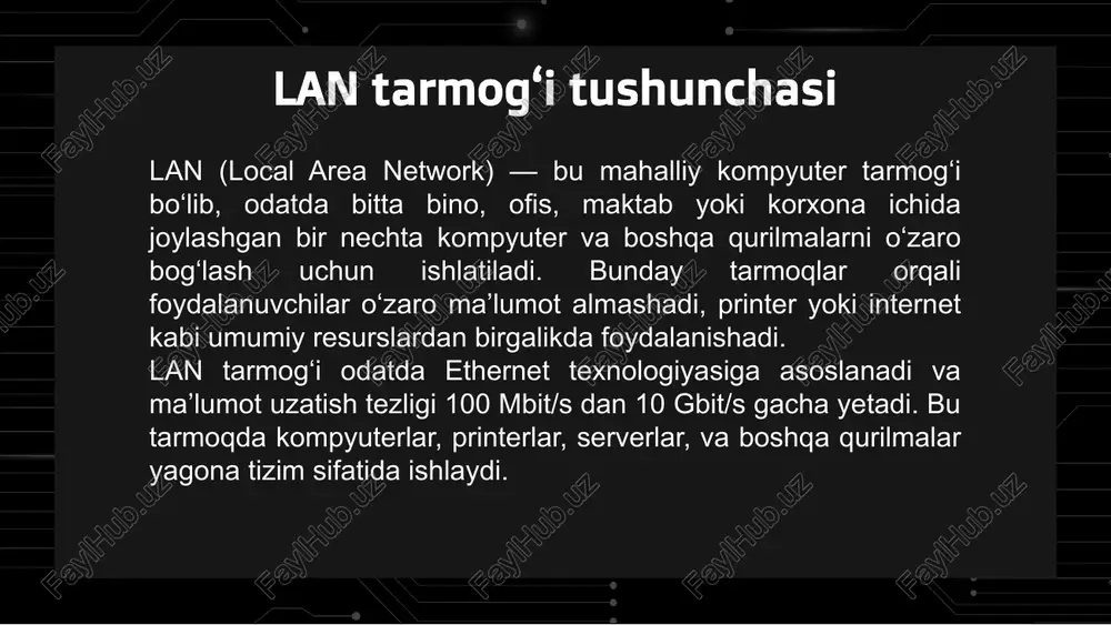 armog‘ini boshqarish uchun tajribali administrator talab etiladi. 5 tarmoqdagi yuklanish muammolari juda ko‘p foydalanuvchi bir vaqtda ulansa, ma’lumot uzatish tezligi pasayadi. 6 nosozliklarni aniqlash qiyinligi qaysi kabel yoki qurilma muammo keltirib chiqarayotganini topish ba’zida qiyin bo‘ladi. 7 tarmoqning fizik cheklovlari lan odatda kichik masofalarda ishlaydi; katta masofa qo‘shimcha uskuna talab qiladi. 8 ish unumdorligiga ta’siri hatto kichik nosozlik ham bir nechta foydalanuvchilarning ishini sekinlashtirishi mumkin. lan tarmoqlarini tashkil etish tamoyillari maqsad va vazifalarni aniqlash tarmoq topologiyasini tanlash uskuna va kabel tanlash tarmoq adreslash va protokollarni belgilash xavfsizlikni ta’minlash lan tarmoqlarining amaliy qo‘llanilishi lan tarmoqlari kundalik hayot va tashkilotlarda juda keng qo‘llaniladi. ular ma’lumot almashish, resurslarni birgalikda ishlatish va ish samaradorligini oshirish uchun juda muhim. ofis va korxonalarda barcha xodimlar yagona tarmoq orqali fayllar, hujjatlar va dasturlar bilan ishlashi mumkin. printer, skaner va boshqa qurilmalar umumiy ishlatiladi, bu xarajatlarni kamaytiradi. tarmoq orqali elektron pochta, chat va videokonferensiyalar tashkil qilinadi. ta’lim muassasalarida …