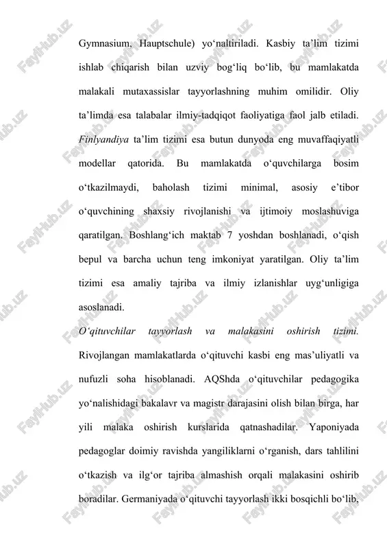 tizimi o‘rtasida bir qator o‘xshash va farqli jihatlar mavjud. o‘xshash jihatlar: ta’limning uzluksizligi va bosqichma-bosqichligi (maktabgacha, umumiy o‘rta, o‘rta maxsus va oliy ta’lim). ta’limda insonparvarlik, milliy qadriyatlar va ma’naviy tarbiya tamoyillarining ustuvorligi. innovatsion texnologiyalar va axborot tizimlaridan foydalanishga intilish. o‘qituvchilar malakasini oshirish va kasbiy rivojlanish tizimining mavjudligi. farqli jihatlar: rivojlangan mamlakatlarda ta’lim jarayoni ko‘proq amaliy va interaktiv shaklda tashkil etiladi, o‘zbekistonda esa hali ham nazariy yo‘nalish ustun. xorijda o‘quvchilarning mustaqil fikrlash va tanqidiy tahlil qilish ko‘nikmalarini rivojlantirishga katta e’tibor beriladi, bizda esa bu yo‘nalish endi shakllanib bormoqda. finlyandiya yoki germaniya singari davlatlarda o‘qituvchi kasbi yuqori ijtimoiy maqom va keng erkinlikka ega, o‘zbekistonda esa bu jarayon bosqichma-bosqich rivojlanmoqda. xorijda ta’lim sifatini baholash mustaqil agentliklar tomonidan amalga oshiriladi, o‘zbekistonda esa bu tizim endi takomillashmoqda. xorijiy tajribani milliy ta’lim tizimiga tatbiq etish istiqbollari. o‘zbekiston respublikasi ta’lim tizimi hozirgi kunda xorijiy ilg‘or tajribalarni o‘rganish va ularni milliy sharoitga moslashtirish jarayonini faol olib bormoqda. ilg‘or …
