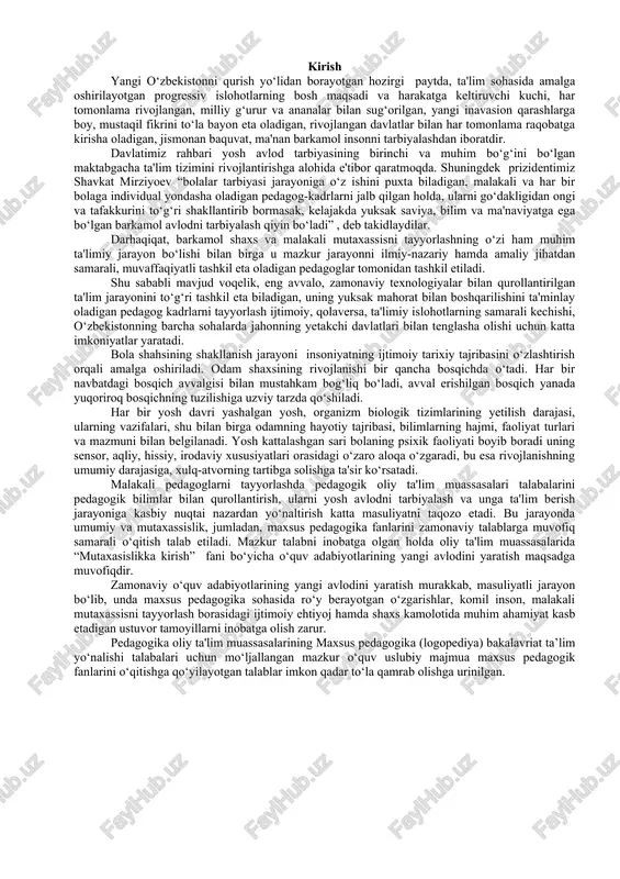 majlisga yo‘llagan murojaatnomasida 2020 yilga “ilm, ma'rifat va raqamli iqtisodiyotni rivojlantirish yili” deb nom berishning taklif etilishi, maktab bitiruvchilarini oliy ta'lim bilan qamrab olish darajasini bosqichma-bosqich oshirib borish, ta'lim yo‘nalishlari va o‘qitiladigan fanlarni qayta ko‘rib chiqish, mutaxassislikka aloqasi bo‘lmagan fanlar sonini 2 barobar qisqartirish, oliy ta'limda o‘quv jarayoni kredit-modul tizimiga o‘tkazish, qator oliy ta'lim muassasalarini o‘zini o‘zi moliyaviy ta'minlashga o‘tkazish, ta'lim sohasini to‘liq raqamlashtirish, davlat-hususiy sheriklik mexanizmlarini ta'lim sohasiga ham keng tatbiq etish masalalari shu kunning dolzarb masalalari ekanligi ta'kidlab o‘tilgan. ushbu murojaatnomada birinchi o‘ringa xalqning bilim darajasini oshirish masalasi qo‘yilgan, bu esa millatning raqobatbardoshligini belgilovchi omil hisoblanadi. shu sababli, tabiiyki, ushbu hujjatda zamonaviy talablar va jahon standartlariga javob beradigan milliy ta'lim tizimini yaratish muammosining elementlari ham o‘z aksini topgan. 1999 yilda 29 ta davlat tomonidan bolonyada yagona ta'lim muhitini yaratish jarayonida ishtirok etish haqidagi deklaratsiya imzolandi. uning maqsadi taqqoslanadigan darajalar tizimini qabul qilish, akademik va kasbiy tan olishni yengillashtirish …