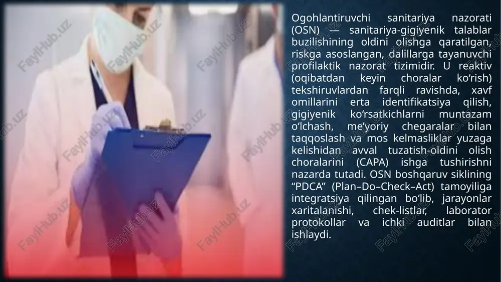 ksiz takomillashtirish1. monitoring tizimi: maqsad, doira va metodikamaqsad: ogohlantiruvchi sanitariya nazoratining (osn) barqarorligini ta’minlash, chetlanishlarni erta aniqlash va boshqaruv qarorlarini ma’lumotga tayangan holda qabul qilish.doira: muhit parametrları (mikroiqlim, yoritish, shovqin, chang/gazlar), mikrobiologik ko‘rsatkichlar, ddd jarayonlari, ozz (ppe) intizomi, chiqindi boshqaruvi, suv sifati, jarayon intizomi va hujjat aylanishi.metodika: rejalashtirilgan o‘lchash/namuna olish dasturi, tekshiruv chek-listlari, jarayon kuzatuvi (gemba), spot-auditlar, xodimlar gigiyena kuzatuvi (to‘g‘ri qo‘l yuvish, maska, kiyim). o‘lchashlar qa/qc talablari bilan yuritiladi (blank/duplikat, kalibrovka, noaniqlik hisobi). pdca va uzluksiz takomillashtirish mexanizmiplan: risk reyestri va kpi maqsadlari, audit rejalari, o‘lchash dasturi.do: soplarga muvofiq ijro, o‘qitish va resurslar ta’minoti.check: monitoring, spc, audit, indikatorlar tahlili.act: capa, sop revisiyasi, texnologik/organizatsion o‘zgarishlar, standartlarni yangilash.ushbu sikl doimiy ravishda aylantiriladi; har bir aylanishda tizim yetuklik darajasi (maturity) baholanadi. raqamlashtirish va vizual boshqaruvelektron treking va boshqaruv paneli real vaqt monitoringini ta’minlaydi:issiqlik xaritalari: bo‘linmalar kesimida nomuvofiqliklar zichligi.dinamik risk matritsasi: choralar ta’siri bilan risklarning “qizil”dan “yashil”ga siljishi.signal mexanizmlari: me’yor buzilishi/kechikkan capa bo‘yicha …