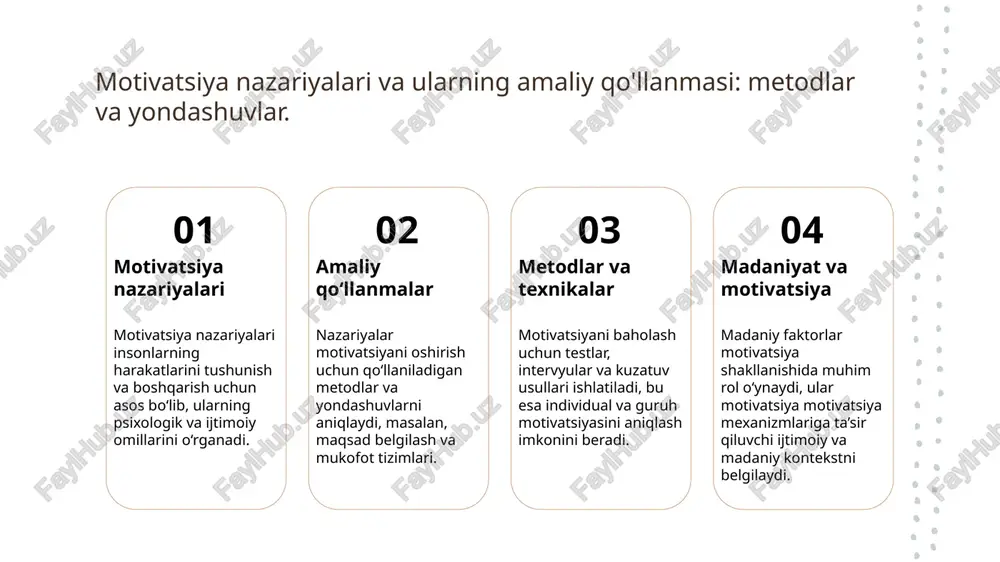 versiteti nashriyoti, 2018. 2. qodirova, m. o'zbekiston sharoitida ta'lim motivatsiyasini baholash metodlari. o'zbekiston milliy universiteti ilmiy ishlar, 2020. 3. yusufov, a. m. motivatsiya psixologiyasi va amaliy qo'llanmalari. toshkent: psixologiya markazi, 2019. 4. rahimov, s. t. ta'lim muassasalarida motivatsion diagnostika usullari. ta'lim va tarbiya jurnal, 2021, 3(45), 112-119. 5. kurbanov, a. shaxs motivatsiyalarini baholash metodikasi. o'zbekiston respublikasi ta'lim vazirligi, 2017. e'tiboringiz uchun rahmat!
