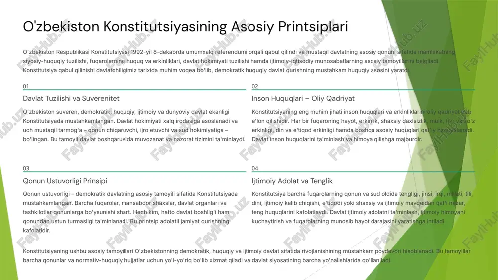 ston – suveren, demokratik, huquqiy va ijtimoiy davlat sifatida e'lon qilingan. bu tamoyil davlat hokimiyati xalq irodasiga asoslanishi, qonun ustuvorligi ta'minlanishi va barcha fuqarolar qonun oldida teng ekanligini bildiradi. davlat hokimiyati qonun chiqaruvchi, ijro etuvchi va sud hokimiyati tarmoqlariga bo'lingan bo'lib, ular bir-birini muvozanatlaydi va nazorat qiladi. inson huquqlari – oliy qadriyat konstitutsiyaning eng muhim jihati shundaki, inson, uning huquqlari va erkinliklari oliy qadriyat deb e'lon qilindi. bu sho'ro davrining davlat ustuvorligidan tubdan farq qiladi. endi davlat fuqarolarga emas, balki fuqarolar davlatga xizmat qiladi. hayot, erkinlik, shaxsiy daxlsizlik, fikr va so'z erkinligi, din va e'tiqod erkinligi qonun bilan mustahkamlangan va davlat tomonidan himoyalanadi. qonun ustuvorligi va tenglik davlat hokimiyati qonunlarga asoslanadi va barcha fuqarolar, mansabdor shaxslar, davlat organlari qonunlarga bo'ysunishi shart. hech kim qonundan ustun turmasligi ta'minlanadi. barcha fuqarolar qonun va sud oldida teng, ularning huquqlari va erkinliklari millati, jinsi, dini, tilidan qat'i nazar kafolatlanadi. bu tamoyil adolatli jamiyat qurishning …