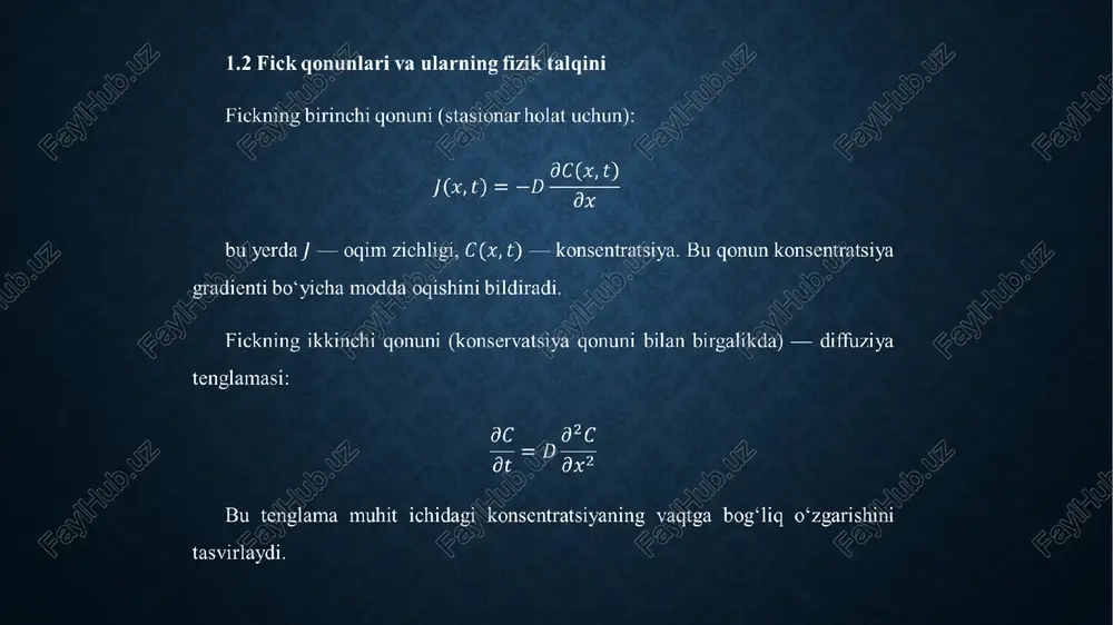 licit scheme (forward-time central-space, ftcs): bu yerda . barqarorlik talablar: ftcs uchun . implicit scheme (backward-time central-space, btcs): barqaror va kengroq qo‘llaniladi, lekin har vaqt bosqichida lineer tizim yechish talab qilinadi. crank–nicolson: yarim implicit va o(δt2) vaqt xatosi, barqaror va aniqligi yaxshi: bu yerda — diskret laplas operatori. 5.4 amaliy kod/snippetlar va ish misollari (bu yerda qisqacha euler–maruyama python tarzida): xulosa va kelajak yo‘nalishlari ushbu referatda diffuziyali yaqinlashuv nazariyasi va taqsimot funksiyasining hosil bo‘lishi keng va chuqur yoritildi. asosiy natijalar: diskret tasodifiy jarayonlardan uzluksiz diffuziyaga o‘tish markaziy limit teoremasi orqali mantiqan va matematik jihatdan asoslangan. fokker–planck tenglamasi ito sde larining ehtimollik zichligini ifodalaydi va uning yechimlari cdf orqali zarralarning fazodagi tarqalishini beradi. chegara shartlari (absorbing, reflecting, periodic) fizik muammolarga mos holda fundamental yechimlarni o‘zgartiradi va ko‘plab real tizimlarda muhimdir. 17 foydalanilgan adabiyotlar gardiner, c.w., handbook of stochastic methods, springer, 2009. risken, h., the fokker–planck equation: methods of solution and applications, …