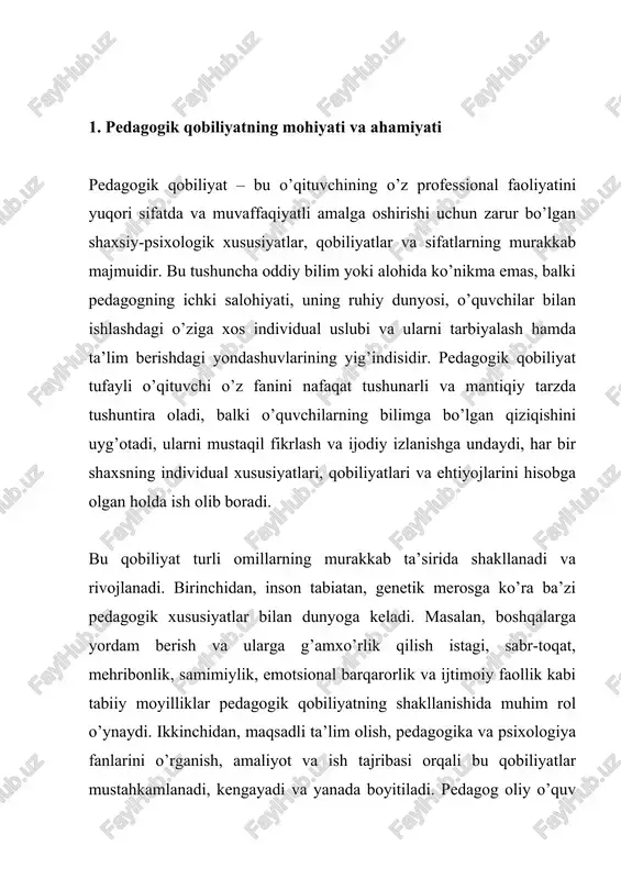 vob bera oladi, qo’shimcha ma’lumotlar, qiziqarli faktlar va ilmiy yangiliklarni taqdim etish orqali ularning qiziqishini oshiradi va faniga nisbatan hurmat hamda mehr tuyg’usini shakllantiradi. shu bilan birga, zamonaviy pedagog doimo o’z bilimlarini yangilab turishi, yangi tadqiqotlar, kashfiyotlar, metodlar va pedagogik texnologiyalardan muntazam xabardor bo’lishi kerak. akademik qobiliyat o’qituvchining professional obro’si va ishonchliligining muhim ko’rsatkichidir. uchinchidan, pertseptiv yoki idrok etish qobiliyati pedagogik faoliyatda nihoyatda muhim o’rin tutadi. bu o’qituvchining o’quvchini chuqur tushunish, uning ichki ruhiy holatini, kayfiyatini, his-tuyg’ularini sezish, muammolari va qiyinchiliklarini vaqtida payqash hamda ularga mos yondashuv topish qobiliyatidir. pertseptiv qobiliyat yuqori bo’lgan pedagog o’quvchining yuzu-ko’ziga, harakatlariga, ovoziga qarab uning holati haqida aniq tasavvurga ega bo’ladi. u har bir bolaning individual xususiyatlari, xarakteri, temperamenti, qiziqishlari va ehtiyojlarini tez anglaydi va ularga mos individual yondashuv qo’llaydi. bu qobiliyat o’qituvchi bilan o’quvchi o’rtasida ishonch, samimiylik, o’zaro hurmat va hamkorlik muhitini yaratishga katta yordam beradi. shuningdek, pertseptiv qobiliyat pedagogga o’quvchilarning ichki dunyosini tushunish, …