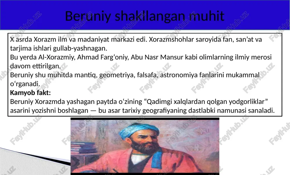 n. beruniy o‘z asarida “har bir xalq o‘z tafakkuri orqali haqiqatga intiladi” degan g‘oyani ilgari surgan. kamyob fakt: “hindiston” asari orqali yevropa olimlari birinchi bor hinduizm haqida aniq tasavvurga ega bo‘lishgan. xviii asrda bu asar lotin va ingliz tillariga tarjima qilinib, yevropa falsafasiga katta ta’sir ko‘rsatgan. diniy bag‘rikenglik saboqlari “hindiston” — insoniyat tarixidagi birinchi taqqoslamali madaniyatshunoslik asari hisoblanadi. beruniy turli xalqlar dini, falsafasi va ilmiy tafakkurini solishtirgan. u “madaniyatlar orasida ustunlik yo‘q, faqat tafovut bor” degan g‘oyani ilgari surgan. kamyob fakt: unesco beruniyni “ilk global olim” deb e’tirof etgan. “hindiston” asari bugungi etnologiya, sotsiologiya va madaniyatshunoslik fanlarining ildizidir. madaniyatshunoslikning birinchi namunasi “hindiston”ning arabcha asl nusxasi 13-asrda bag‘dod, istanbul va qohira kutubxonalarida ko‘chirilgan. bugungi kunda uning to‘liq nusxalari: london britaniya muzeyida eronning qum shahrida toshkentdagi o‘zbekiston fa sharqshunoslik institutida saqlanadi. kamyob fakt: o‘zbekiston kutubxonasidagi nusxaning so‘nggi sahifalarida beruniyning o‘z qo‘li bilan chizilgan hind astronomik jadvali mavjud. bu jadval hali to‘liq o‘rganilmagan. …