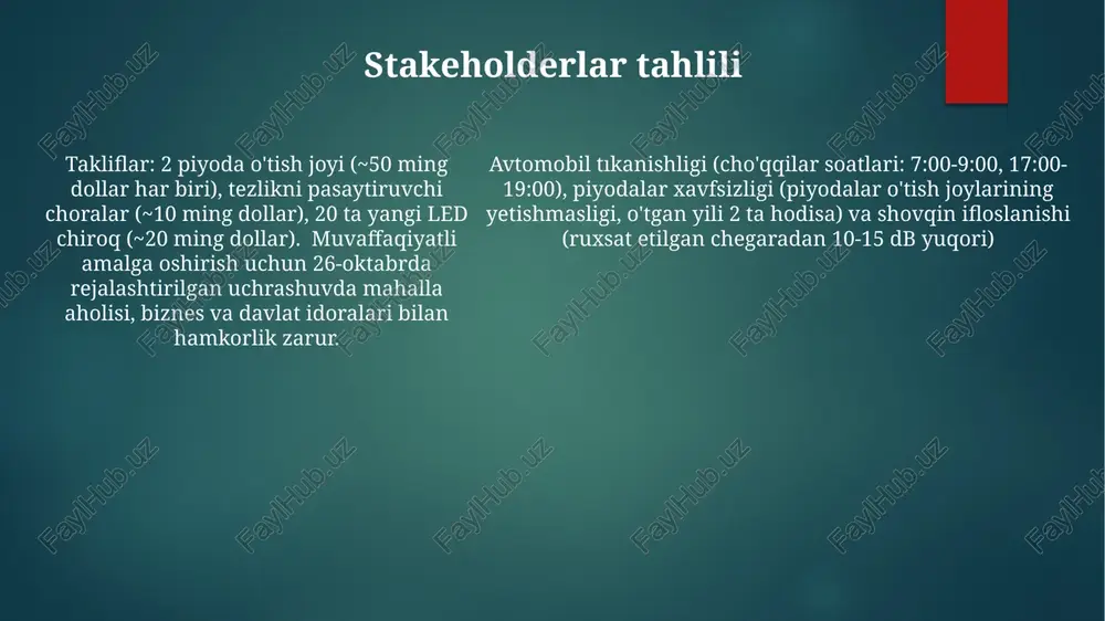 tmoqda toshkentdagi kesishmada shovqin ifloslanishi (cho'qqilar soatida 85-90 desibel) 1 km radiusda 12 maktab va 7 kasalxonaga ta'sir ko'rsatib, ruxsat etilgan shovqin chegarasidan 15-20 desibel yuqori bo'lib, taxminan 15 000 kishining eshitish qobiliyatiga va farovonligiga salbiy ta'sir ko'rsatishi mumkin piyodalar harakati kesishma geometriyasi (tor yo'laklar, har ko'chada 2 ta yo'l) piyodalar harakatini cheklab, tirbandlikka va atigi 0,8 m/s o'rtacha tezlikka olib keladi oltinkol va boburshox ko'chalari kesishmasida cho'qqida (soat 7-9 va 17-19) 3500 dan ortiq piyoda harakati kuzatiladi, yo'l o'tkazgichdan 20 metr radiusda yuqori zichlik qayd etiladi taklif qilingan yaxshilanishlar: piyodalar yo'laklarini 1,5 m ga kengaytirish, piyodalar uchun xavfsizlik orollari o'rnatish va tirbandlikni kamaytirish uchun yangi signal vaqti sxemasini (piyodalar uchun 30 soniya) joriy etish savdo faoliyati toshkentdagi bu chorrahada yuqori savdo zichligi; o'rtacha ijaraga berish narxi: 10 kv.m ga 500$/oy; turli bizneslar bilan raqobatbardosh bozor; 5 ta bank va 2 ta supermarket mavjud. kesishmada asosiy savdo soatlari har kuni …