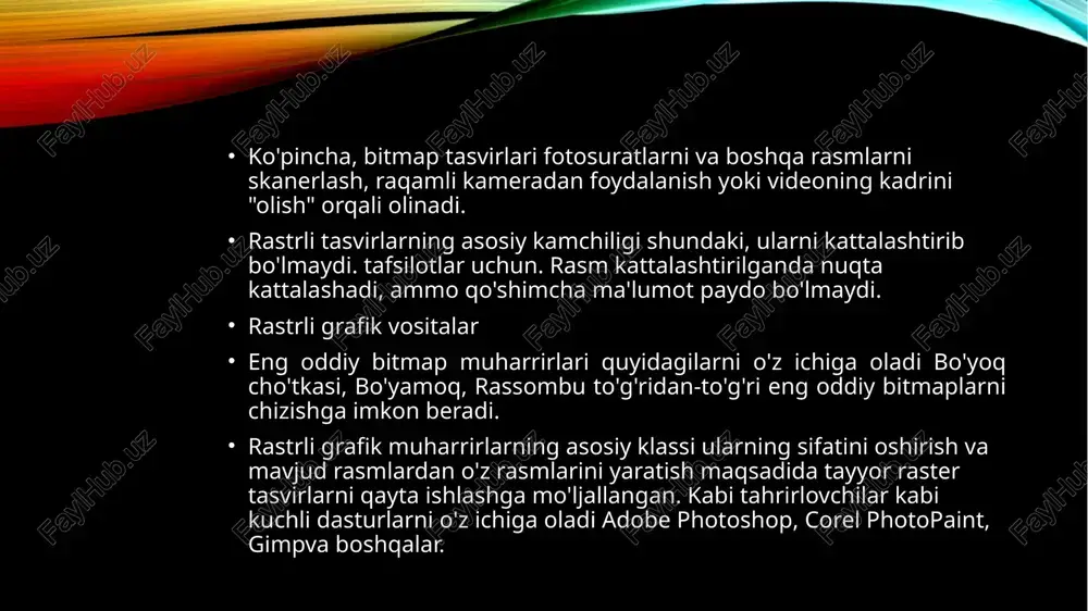 ik uzunlikdagi ballar soni. ajratib ko'ring: - asl o'lcham; - monitor o'lchamlari; - bosilgan rasmning o'lchamlari. rasm chizishning ham, eskizning ham o'ziga xos afzalliklari va kamchiliklari bor. bo'yash dasturlarining afzalligi (bitmap grafikalar) - bu rasmlarni yaratishning mutlaqo tabiiy usuli. agar siz photoshop-ni misol qilib olsangiz, unda barcha murakkabligi bilan ushbu dastur asosida yotadigan asosiy vizual vositalar oddiy qalamdan ko'ra murakkabroq emas. foydalanuvchi boshlang'ich maktabda bo'lgani kabi, xohlagan narsasiga erishguncha navbat bilan chizadi va chizgan narsasini artib tashlaydi. maksimal realizm uchun bitmapalarchunki asl nusxaning har bir kichik qismi raqamlangan. photoshop-ning asosiy vositalarining barcha soddaligi bilan foydalanuvchi ularni "o'zi uchun" ham sozlashi mumkin. bu cheksiz rang-barang qalamlarga, rangli qalamlarga, purkagich qurollariga, akvarel va yog'li bo'yoqlarga va boshqalarga ega bo'lishga tengdir. bundan tashqari, chizilgan rasmni istalgan vaqtda o'chirish, tuzatish va h.k. yana bir afzallik ko'rinadi oddiylik va natijada grafik axborotni kiritishni (raqamlashtirishni) avtomatlashtirishning texnik maqsadga muvofiqligi. ushbu soddalik elementlarga majburiy tanlab olish va …