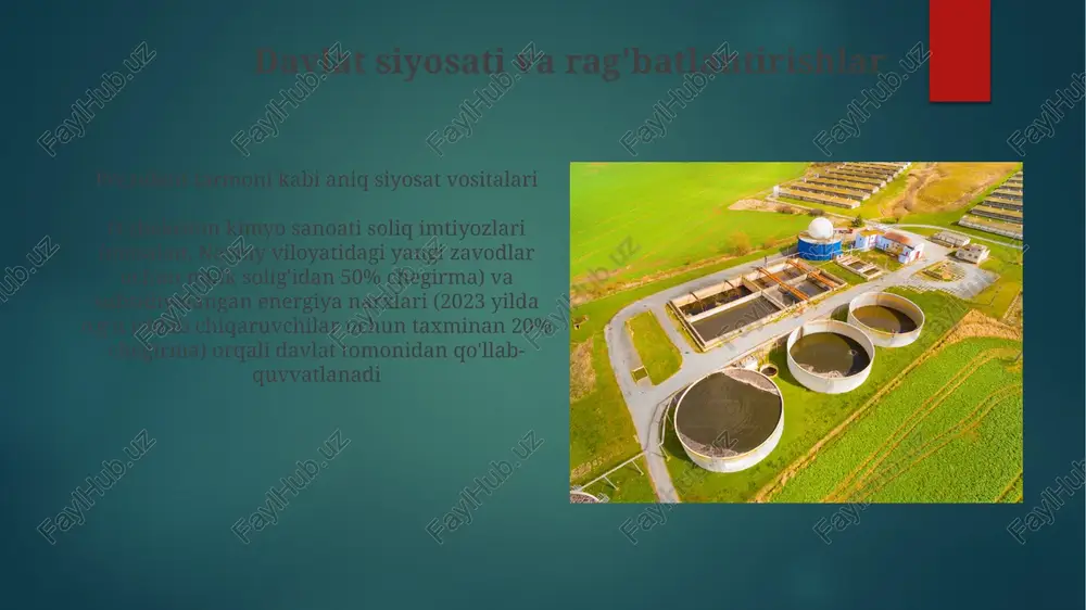 metallurgiya kombinatini modernizatsiya qilish va muborak yaqinida yangi korxonalar qurish kabi yirik loyihalar o'g'itlar (karbamid, ammiak), metanol va boshqa neft-kimyo mahsulotlarini ishlab chiqarishni kengaytirishga qaratilgan. lg chem va sk group kabi xorijiy kompaniyalar katta investitsiyalar kiritishmoqda. mineral boyicha qayta ishlash va kimyoviy moddalar o'zbekistonning qazib chiqarish sanoati (muruntau olti koni, olmaliq kon-metallurgiya kombinati, navoiy kon-metallurgiya kombinati) kimyoviy chiqindilarni hosil qiladi, ularni qayta ishlash zarur. mineral o'g'itlar (karbamid, diammonium fosfat) ishlab chiqarish quvvati yiliga 2 million tonnadan oshadi, asosan navoiy va toshkent viloyatlarida kimyo sanoati asosan buxoro-gazli mintaqasidagi tabiiy gaz zahiralariga tayanadi, ammiak, metanol va sulfat kislota ishlab chiqarish kabi tarmoqlarni qo'llab-quvvatlaydi. mamlakat bo'ylab 30 dan ortiq kimyo zavodlari faoliyat yuritmoqda, 50 000 dan ortiq kishini ish bilan ta'minlamoqda o'g'it ishlab chiqarish va eksport o'zbekistonning yillik 1,2 million tonnadan ortiq o'g'it ishlab chiqarishi azotli (karbamid, ammiakli selitra), fosforli (diammonium fosfat) va kaliyli o'g'itlardan iborat bo'lib, asosan ichki ehtiyojlarni qondiradi va qozog'iston, …