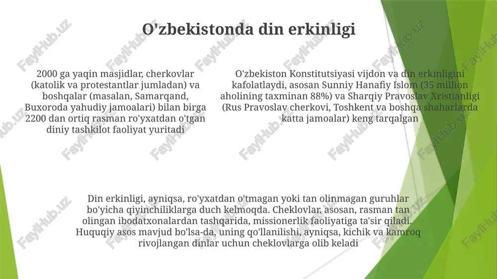 i tayyorlashni tartibga soladi. u o'zbek, rus va arab tillarida diniy adabiyotlarni nashr etib, mo''tadil sunniy islomni targ'ib qiladi kengash faoliyati o'zbekistonning diniy erkinlikka oid qat'iy qonunlariga bo'ysunadi, ro'yxatdan o'tmagan diniy guruhlar va nashrlarni cheklaydi. hukumat nazorati ostida bo'lishiga qaramay, kengash o'zbek jamiyatida diniy amaliyot va muloqotni shakllantirishda muhim rol o'ynaydi o'zbekiston musulmonlari diniy idorasi (o'zmdi), toshkentda joylashgan mamlakatning asosiy musulmon tashkiloti bo'lib, 12 viloyatdagi 2000 dan ortiq masjidni nazorat qiladi (samarqand, buxoro, namangan kabi). taxminan 20 milliondan ortiq musulmon aholisining 90% ga ta'sir ko'rsatadi dinning davlat tomonidan tartiblanishi o'zbekistondagi protestantizm o'zbekistonning turli hududlarida (qoraqalpog'iston, farg'ona vodiysida va boshqalar) ro'yxatdan o'tmagan ko'plab protestant guruhlari yashirincha faoliyat yuritadi va ruxsatsiz diniy faoliyat uchun huquqiy javobgarlikka tortilishi mumkin o'zbekiston hukumati protestantizmga nisbatan siyosati konstitutsiyaviy kafolatlarni jamiyat barqarorligi istagi bilan muvozanatlashadi. ba'zi protestant tashkilotlari qonuniy maqomga ega bo'lsa-da, diniy amaliyot, ayniqsa ro'yxatdan o'tmagan faoliyat uchun umumiy muhit qiyinchiliklar bilan to'la o'zbekistondagi protestant jamoasi …