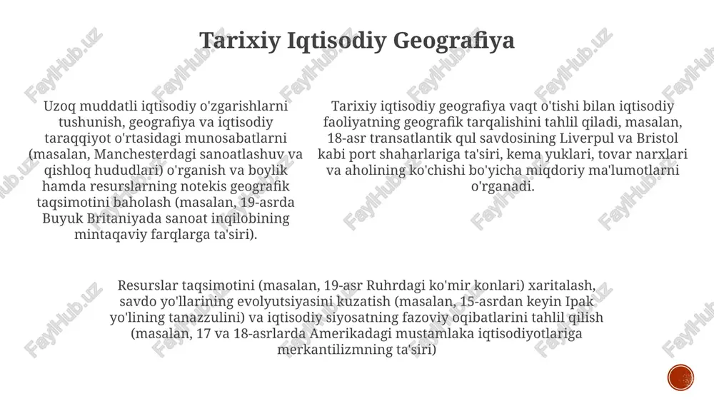 , qora o'limning 14-asrda yevropa qishloqlari aholisiga ta'siri). tarixiy geografiya vaqt o'tishi bilan inson faoliyatining fazoviy o'zgarishlarini tahlil qiladi, masalan, buyuk britaniyaning iqtisodiy geografiyasi va aholisi taqsimotini ta'sir qilgan rim yo'l tarmoqlari (mil. 1-5-asrlar) kabi hodisalarni o'rganadi. miqdor usullari, gis va kartografiya muhim vositalar hisoblanadi. harbiy geografiya va urush harbiy geografiya yer sharoitini (masalan, normandiya plyajlari, sharqiy frontning keng tekisliklari), qo'shin joylashtirishini, logistika (ta'minot liniyalari, pearl harbor kabi portlar) va strategik manevrlarni (d-day qo'nish operatsiyasi, 1939-yilda polshada "blitzkrieg" taktikasi) tahlil qiladi tarixiy nuqtai nazardan aholi geografiyasi tarixiy geografiyaning kelajagi 18-asr london vabosi tarqalishi boʻyicha ilgʻor fazoviy tahlil (gis, masofaviy zondlash), atrof-muhit maʼlumotlari va ijtimoiy-iqtisodiy omillarni birlashtirgan holda, miqdoriy usullar yordamida turli darajalarda (mahalliy, mintaqaviy, milliy) prognozlash modellashtirish. jahon tarixiy voqealari, masalan, qora o'limning (1346-1353) yevropa va osiyodagi tarqalishi bo'yicha fazo-vaqt ma'lumotlar bazalarini yaratish, florensiya, london va qohiradan olingan zamonaviy hujjatlardagi aholi zichligi xaritalaridan foydalanib, kasallikning tarqalishi va ijtimoiy ta'sirini tushunish, …