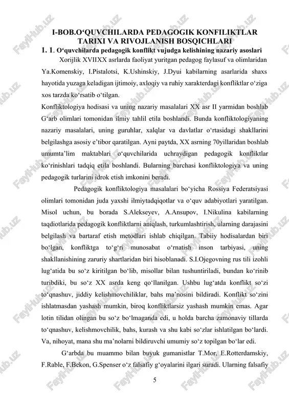 bo‘lsa, unda xavf ham mavjud bo‘ladi”. mazkur hikmatning ma’nosi shuki, shaxs qalbida e’tiqod kuchli bo‘lsa, uni yo‘q qiluvchi ziddiyati­ xavf ­xatar ham mavjud bo‘ladi. demak, konfliktlar shaxs ijtimoiy hayotida doimiy ro‘y beradigan ijtimoiy hodisadir. abulhasan sariy (ix asr) shunday deydi: “dunyoning turgan bitgani ortiqchadir, lekin besh narsa bundan mustasno: non, suv, kiyim, uy, va manfaatlik ilm”. buning ma’nosi shuki, ijtimoiy hayotda konfliktlar tabiiy ravishda mavjud bo‘ladi, lekin non, suv, kiyim, uy­ maishiy turmush tarzida va manfaatli ilmda konfliktlarning salbiy ta’sir kuchi kam bo‘ladi. shu sababli mutafakkir konfliktlarga yondashishda ilm, odob, omonat (vaqtinchalik) va iffat qadriyatlariga asoslanishni tavsiya etadi. bizningcha, bu o‘ziga xos yondashuv bo‘lib, unga ko‘ra, ilm va odob qadriyatlariga tayanib konfliktlarni bartaraf etish mumkin. muhammad termiziy (ix asr) “besh toifa kishilar besh joydan islohot topadi: bolalar kitobdan, jinoyatchi jazodan, ayol kishi uyidan, yoshlar ilmdan va giyohvandlar masjiddan”. bu o‘rinda konfliktlarga duchor bo‘ladigan shaxslar va ularni bartaraf etish o‘rinlariga duch …