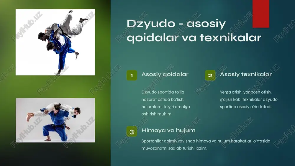 am ko'rsatish jarayonlari to'g'ri tashkil etilishi kerak. 3 favqulodda holatlar favqulodda holatlar uchun oldindan rejalar ishlab chiqilishi lozim. 14 foydalanilgan adabiyotlar ro‘yhati "dzyudo asoslari" – muallif: bahrom nishonov "sport kurashlari nazariyasi va uslubiyoti" – muallif: ravshanbek nishonov "o‘zbekistonda dzyudo rivoji" – mualliflar jamoasi o‘zbekistonda dzyudo sportining rivojlanish tarixi, asosiy yutuqlar, taniqli sportchilar va murabbiylar haqida ma’lumot beruvchi tarixiy va nazariy asar. "jismoniy tarbiya va sport mashg‘ulotlari" – muallif: azamat isroilov "dzyudo: qoidalar va texnika" – muallif: akmal qodirov 15 image6.jpeg image7.jpg image8.jpeg image9.jpeg image10.png image11.jpeg image12.jpeg image13.jpeg image14.jpeg image15.png image16.jpeg image17.png image18.jpeg image19.jpeg image20.png image21.png image22.png image23.png image24.jpeg image25.jpeg image26.png image27.png image28.png image29.png image30.png image31.png image32.jpeg image33.jpeg image34.png image35.jpeg image36.png image2.png image3.png image4.png image5.png